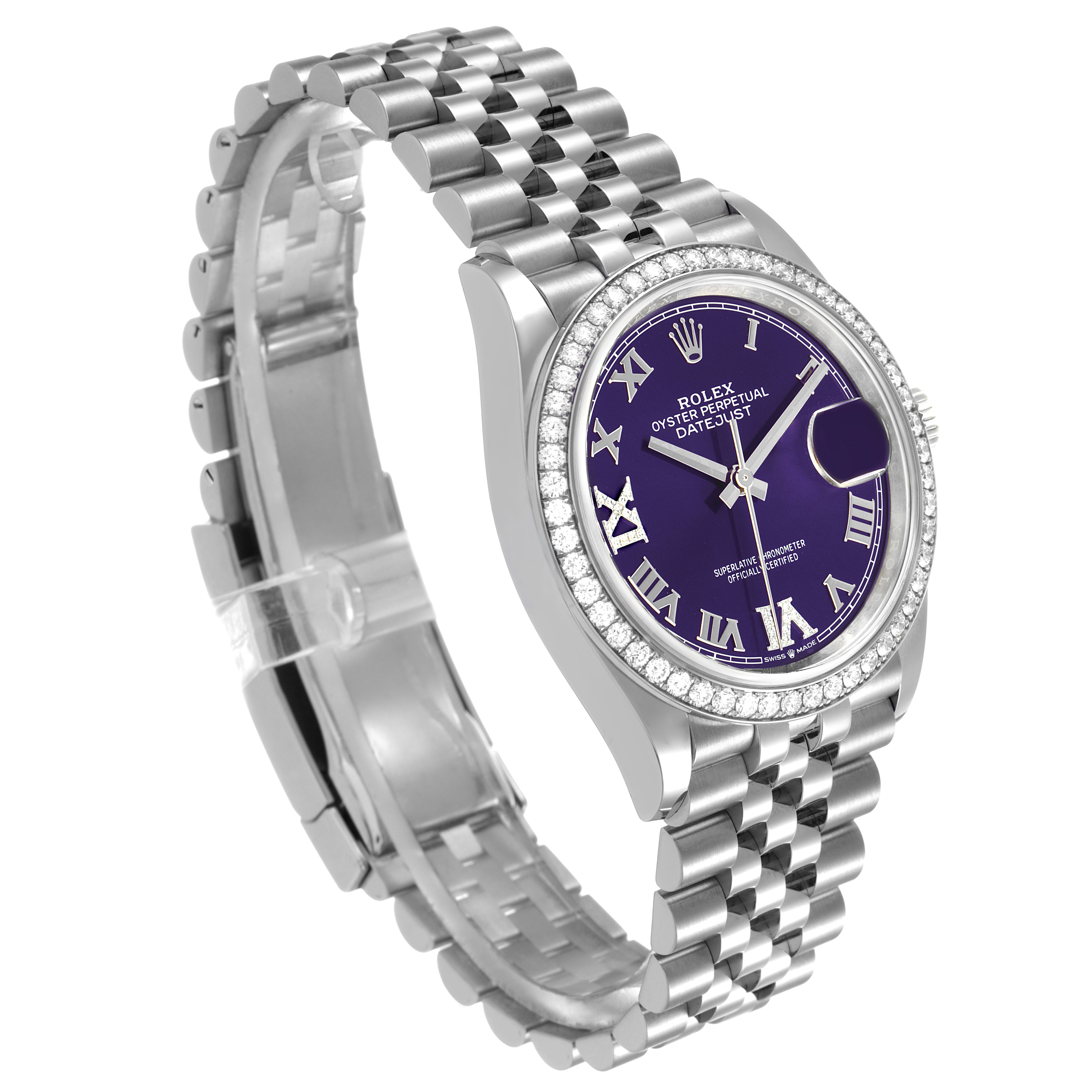 The Rolex Datejust 126284RBR Men's Stainless Steel Purple Dial watch is shown at an angled side view, highlighting the purple dial, Roman numerals, and Jubilee bracelet.