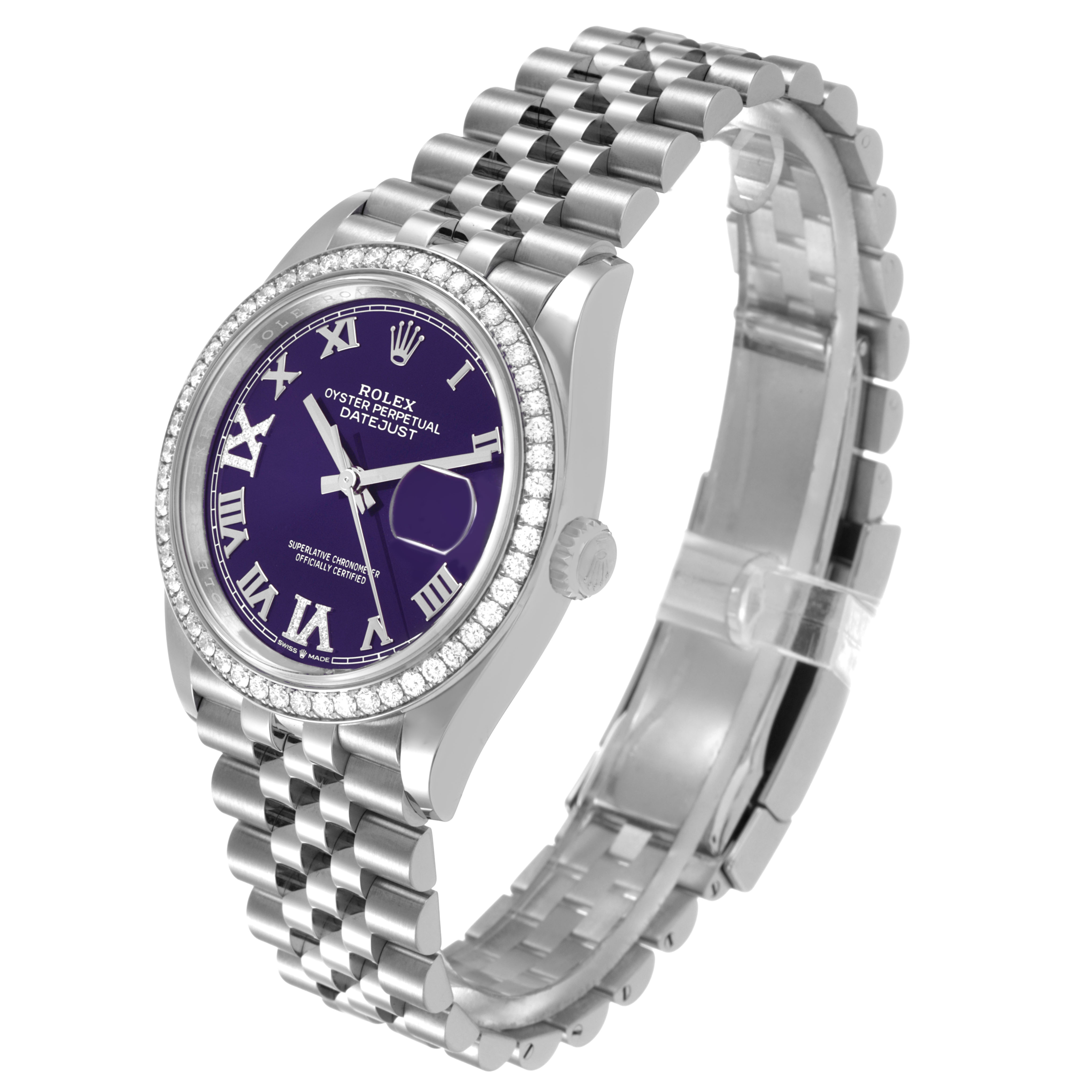 The Rolex Datejust 126284RBR Men's Stainless Steel Purple Dial watch is shown at a three-quarter angle, displaying the face, bezel, case, and bracelet.