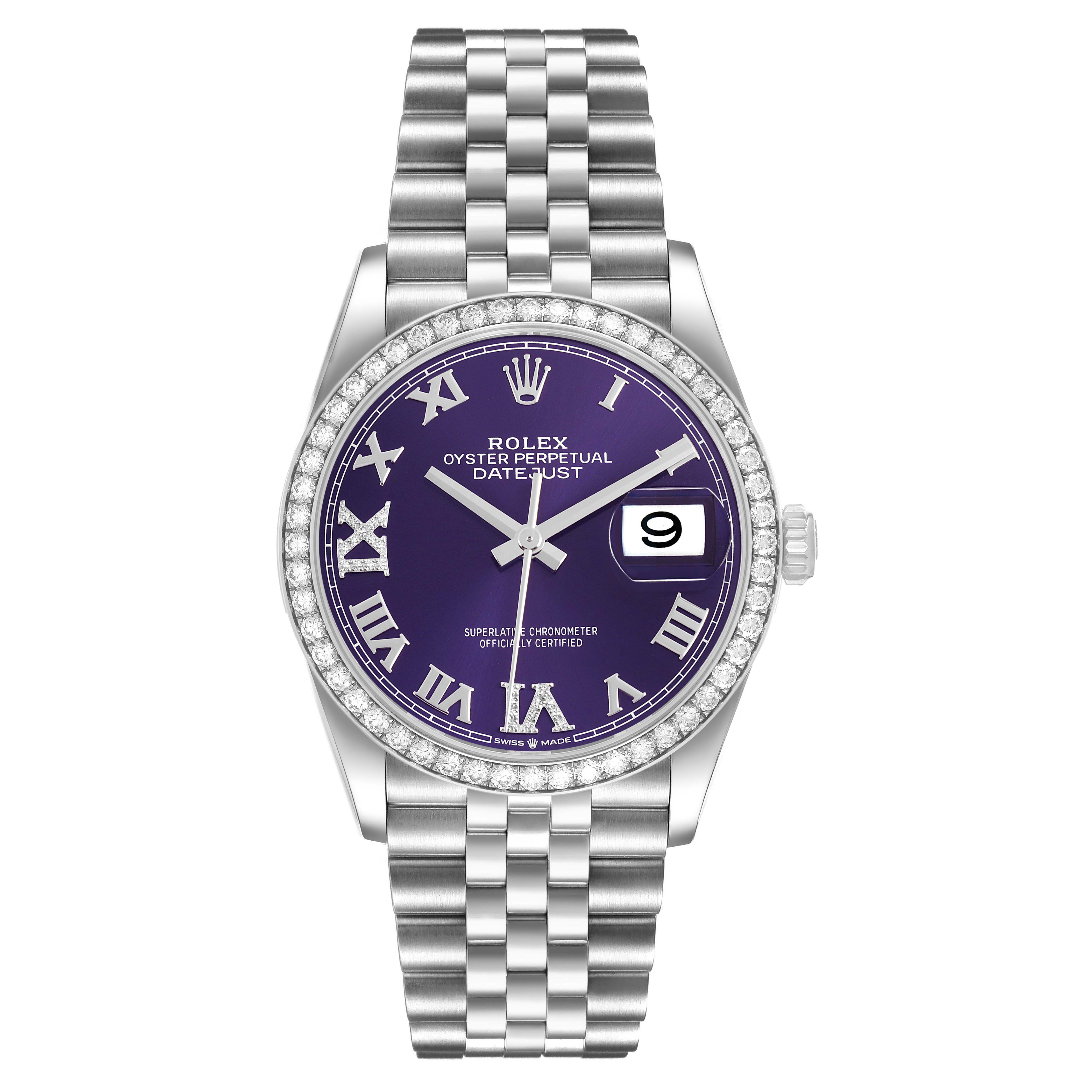 This Rolex Datejust 126284RBR Men's Stainless Steel Purple Dial watch is shown from the front, featuring the face, bezel, bracelet, and crown.
