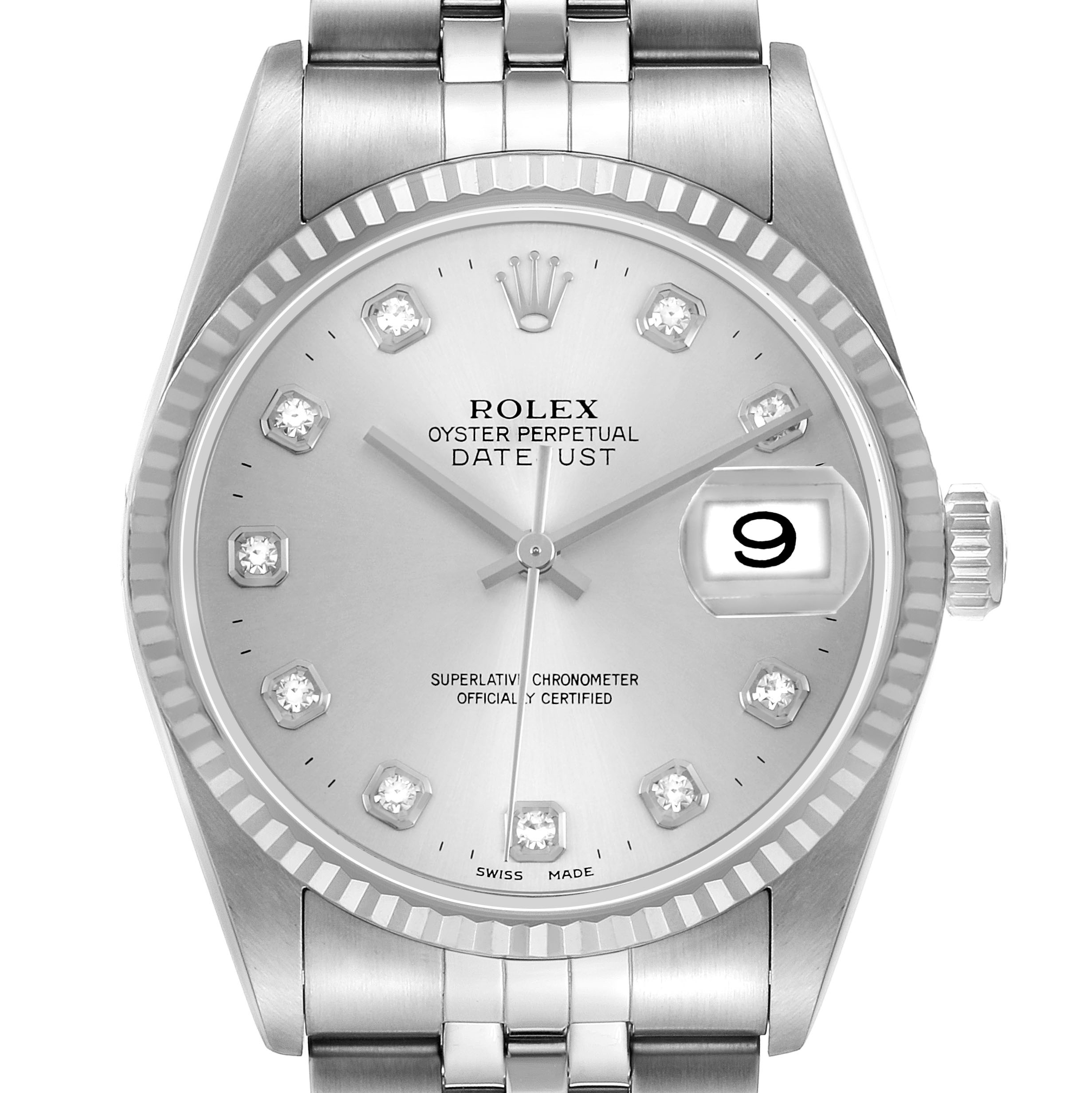 The Rolex Datejust 16234 Men's Stainless Steel Silver Dial is shown from the front, highlighting the dial, hands, markings, and part of the bracelet.