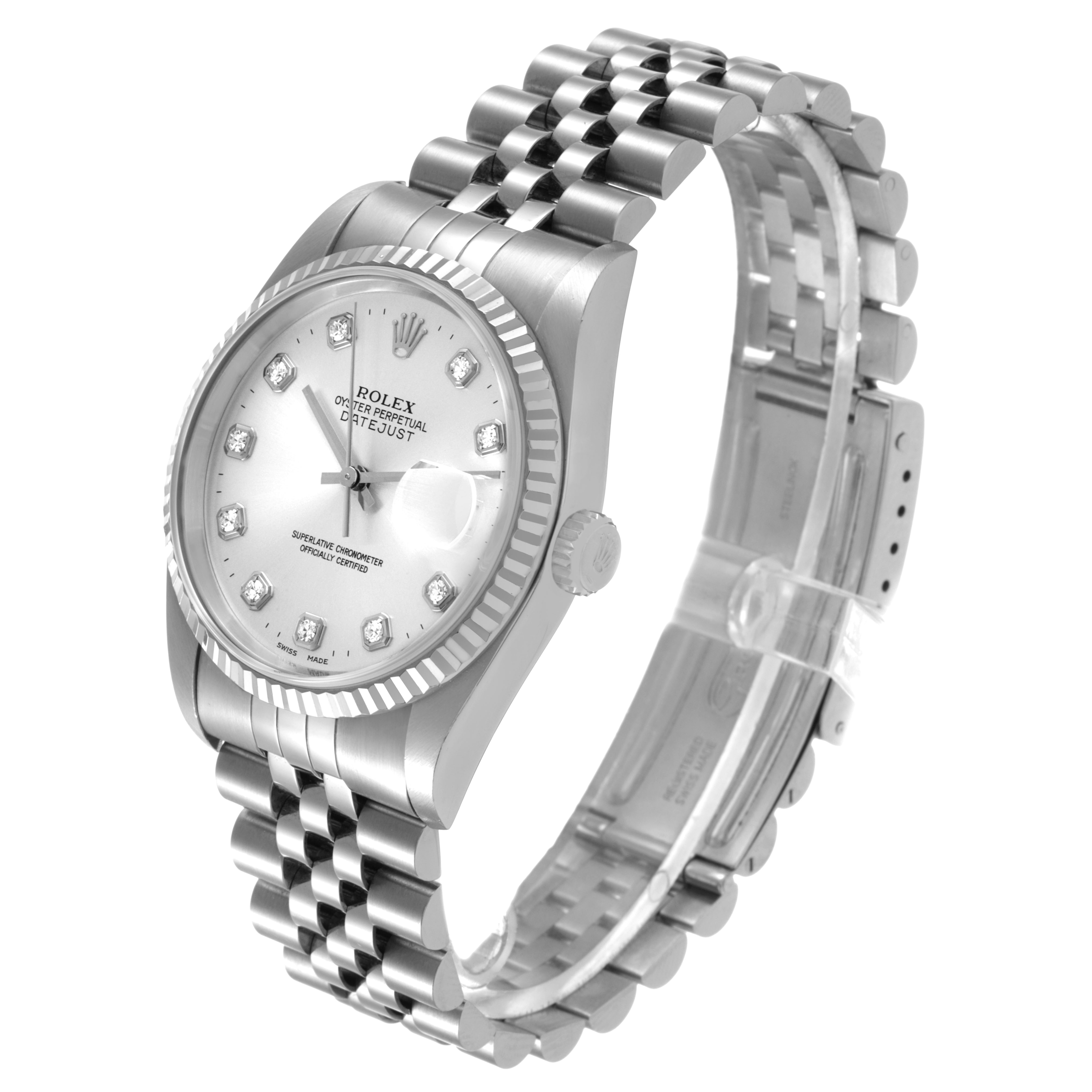 The Rolex Datejust 16234 Men's Stainless Steel Silver Dial watch is shown at an angle highlighting the face, case, fluted bezel, bracelet, and crown.