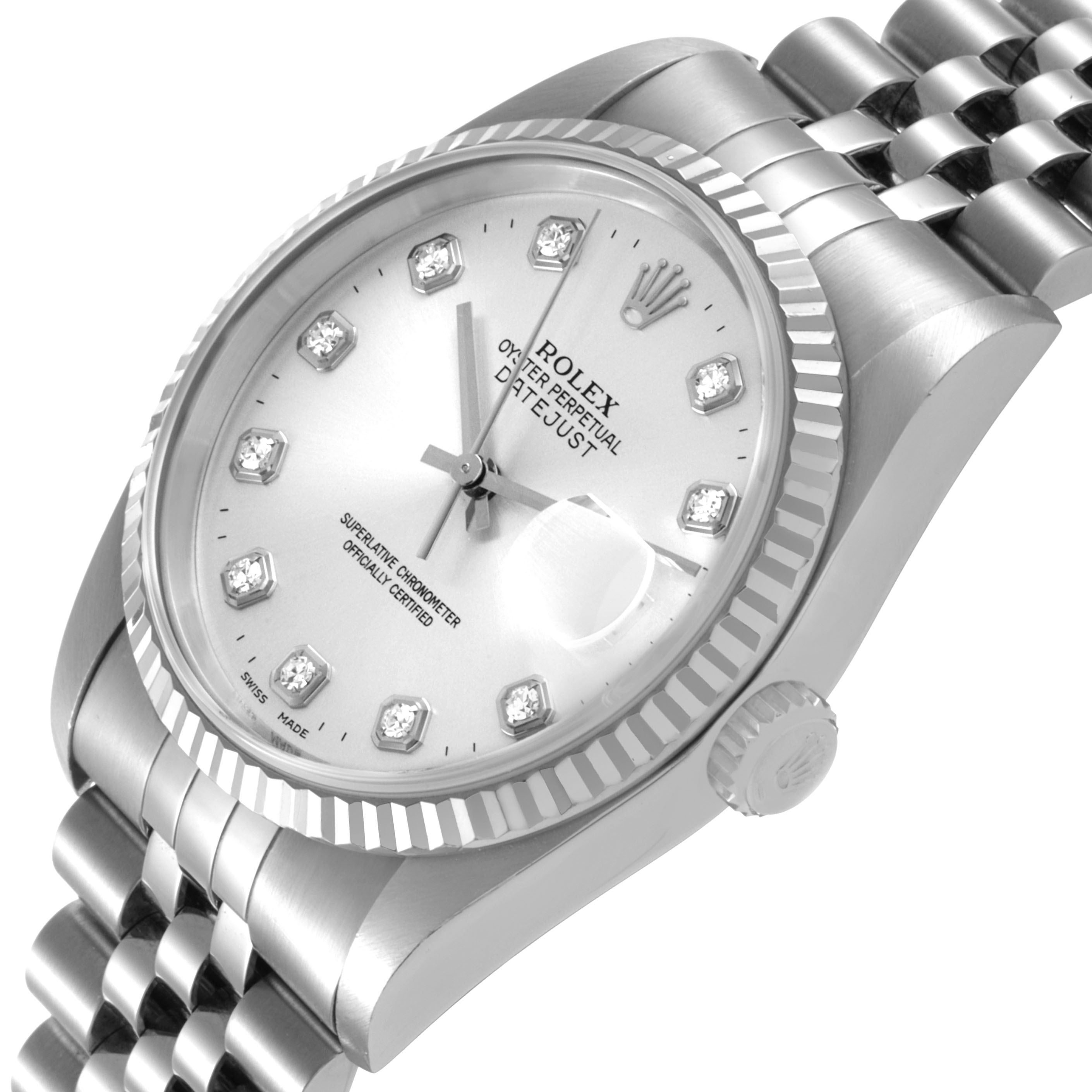 The Rolex Datejust 16234 Men's Stainless Steel Silver Dial watch is shown at a three-quarter angle, highlighting the dial, bezel, crown, and part of the bracelet.