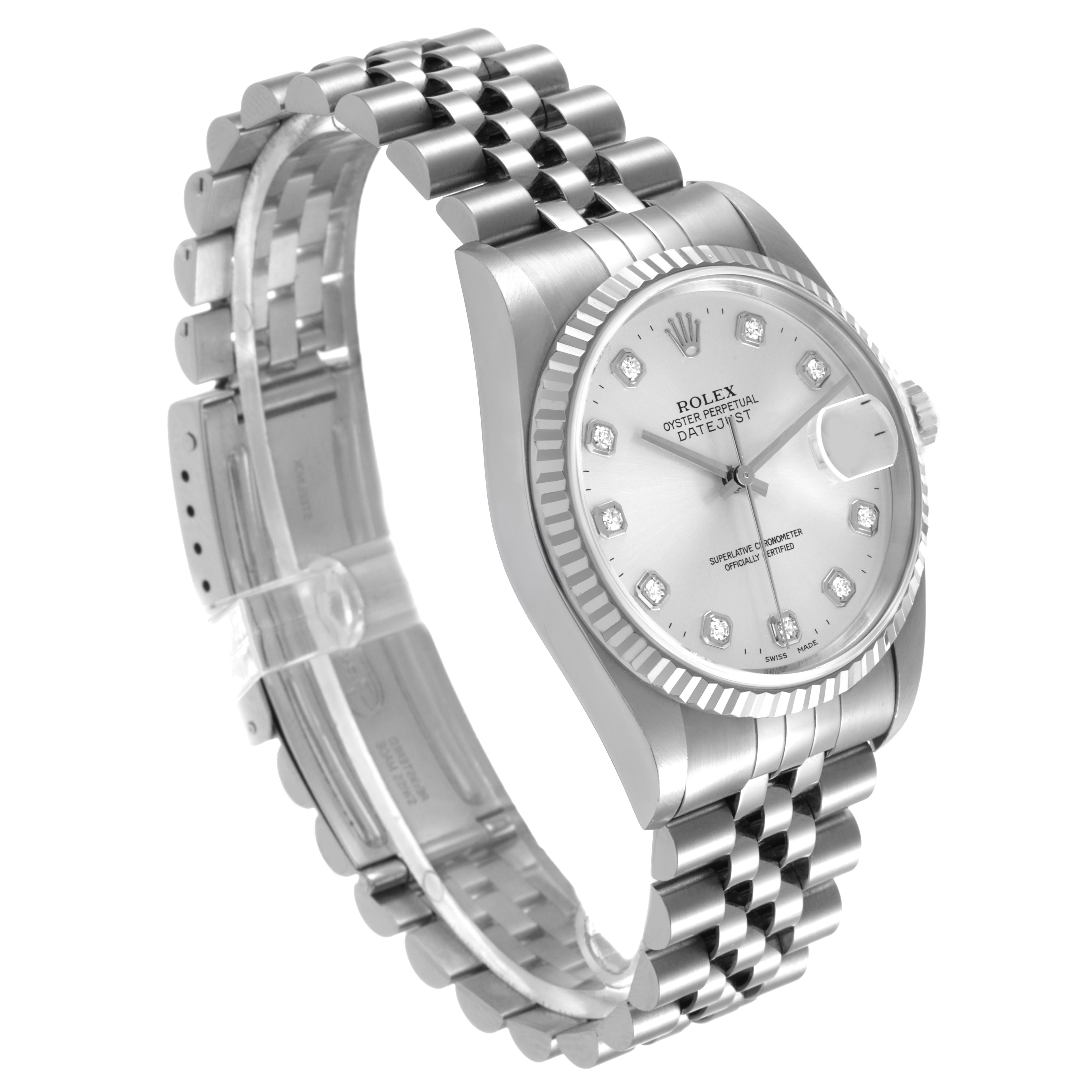 This image shows a Rolex Datejust 16234 Men's Stainless Steel Silver Dial watch at a three-quarter angle, highlighting the bracelet, bezel, and diamond-set dial.