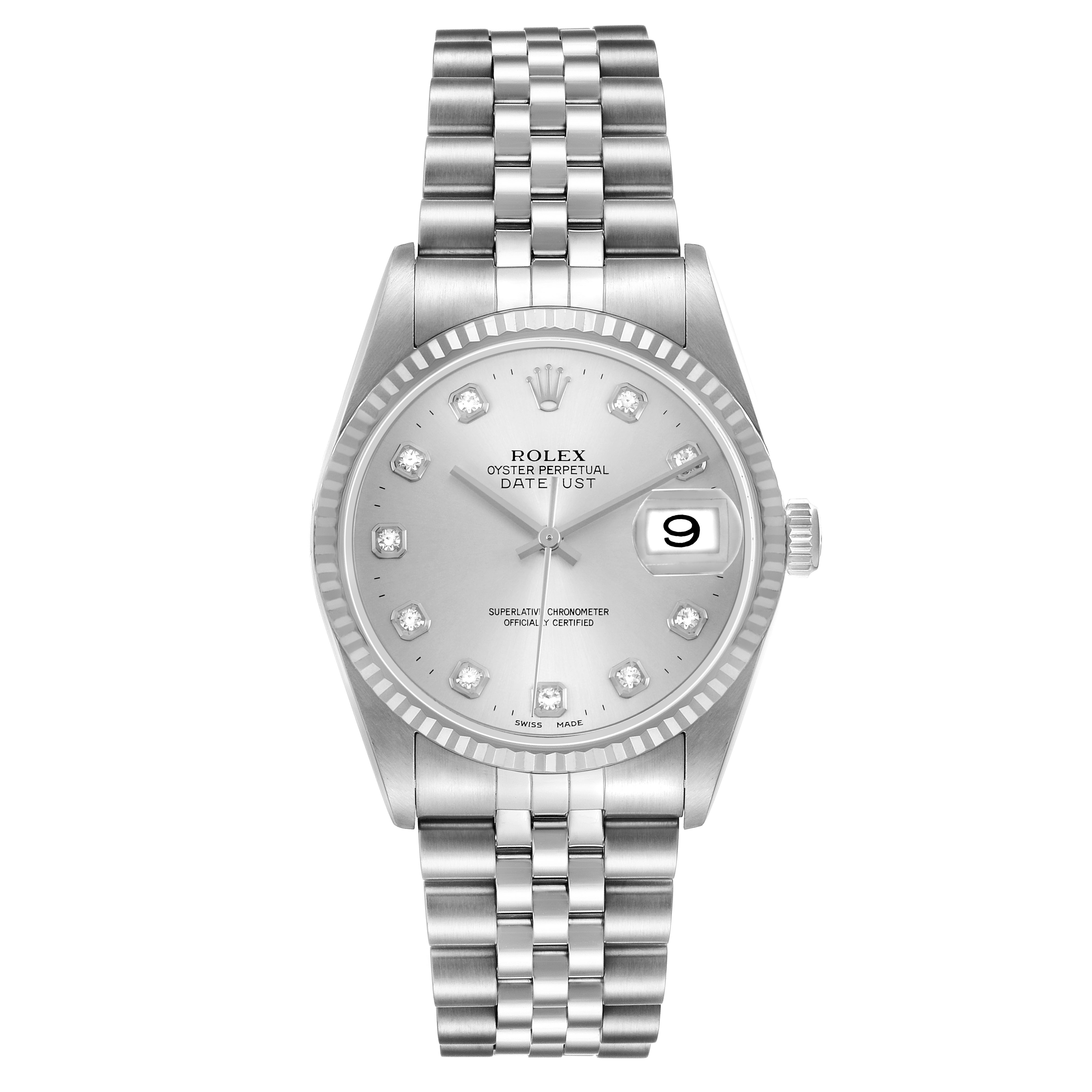 The Rolex Datejust 16234 Men's Stainless Steel Silver Dial is shown from the front, displaying the dial, bracelet, and fluted bezel.