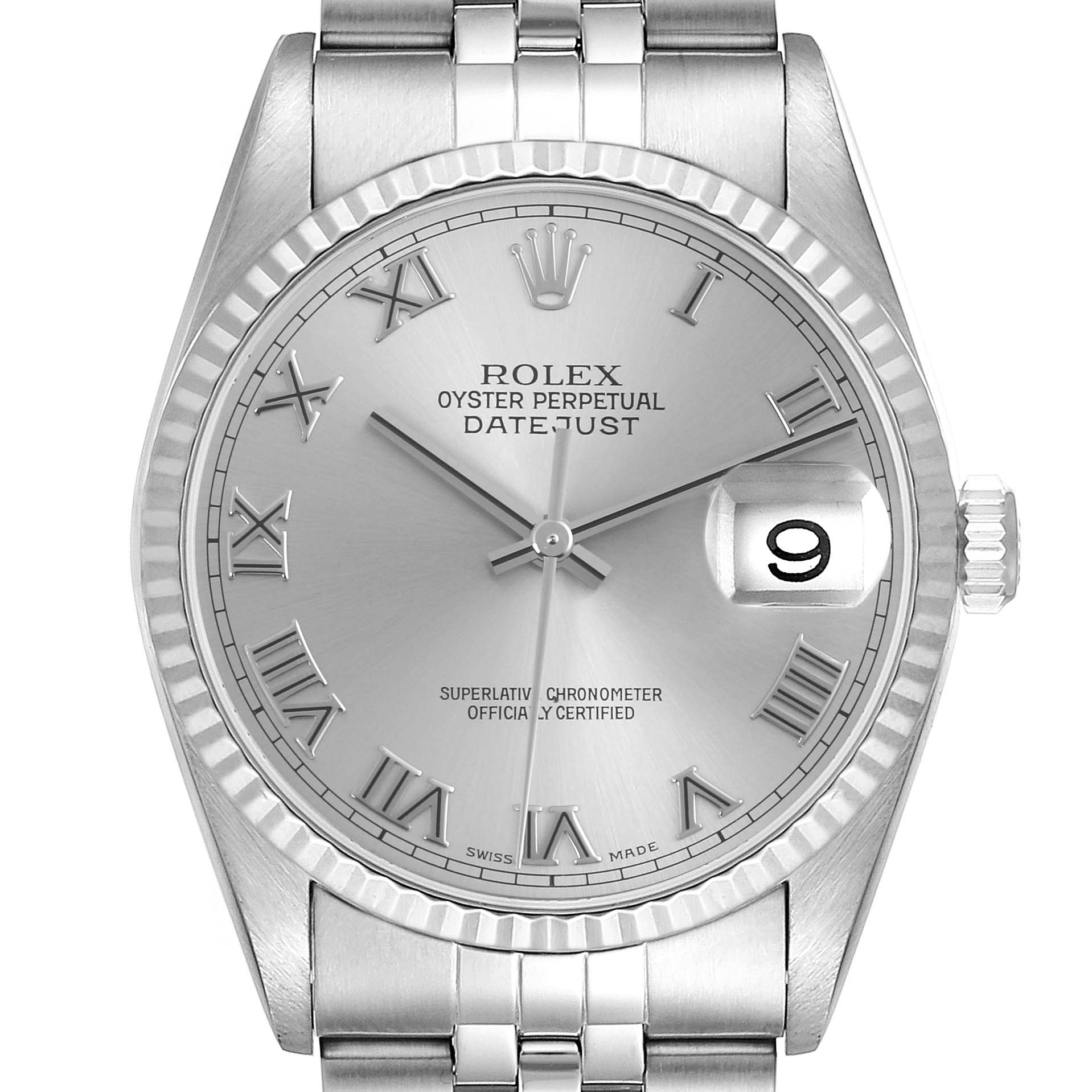 The image shows a front view of the Rolex Datejust 16234 Men
s Steel and Gold (two tone) Silver Dial 16234 Men
s Steel and Gold (two tone) Silver Dial watch, highlighting the dial, hands, bezel, and part of the bracelet.