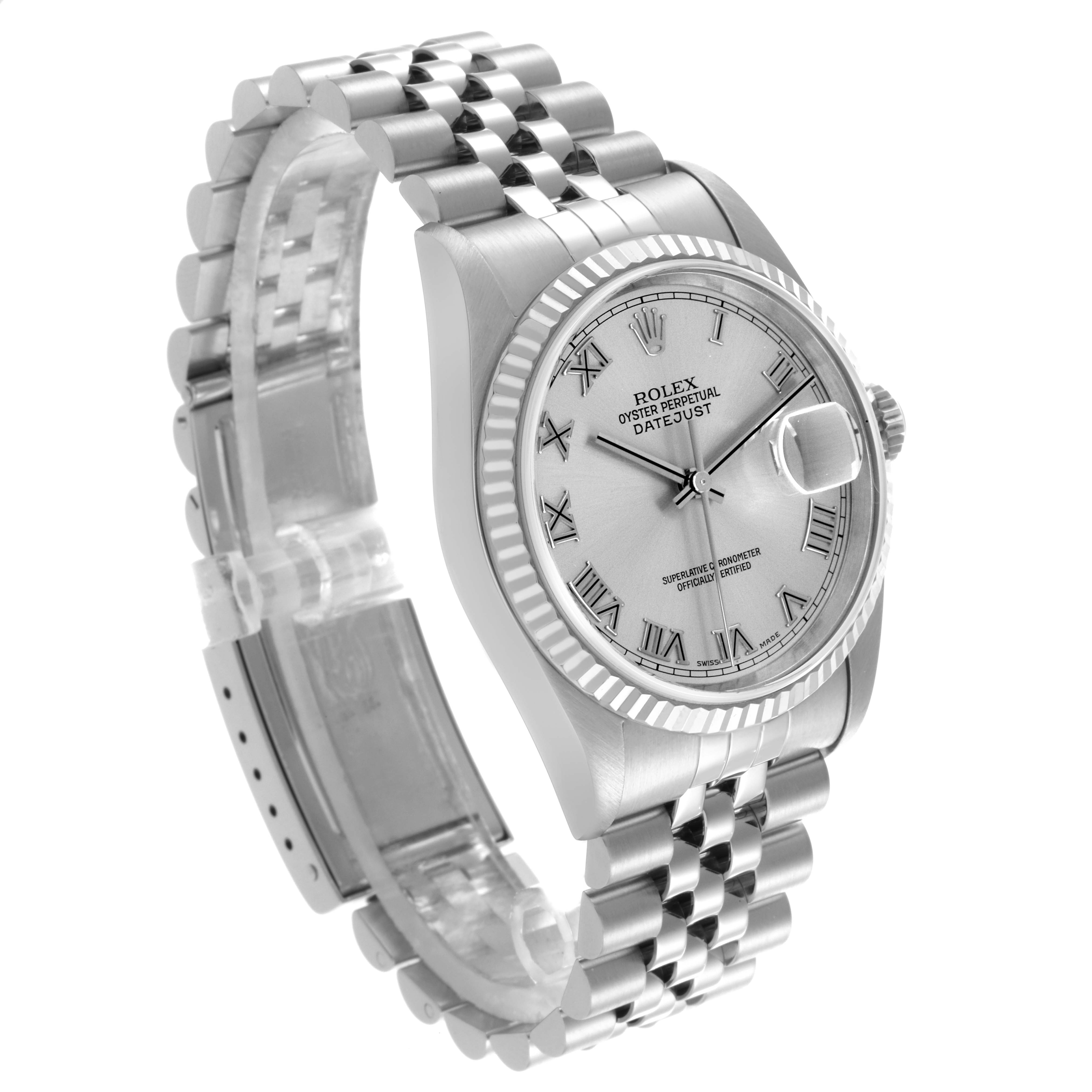 The Rolex Datejust 16234 Men
s Steel and Gold (two tone) Silver Dial 16234 Men
s Steel and Gold (two tone) Silver Dial watch is shown from an angled side view, displaying the face, bezel, and bracelet.