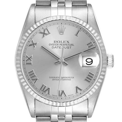 The Rolex Datejust watch is shown from a front angle, highlighting the dial, bezel, and part of the bracelet.