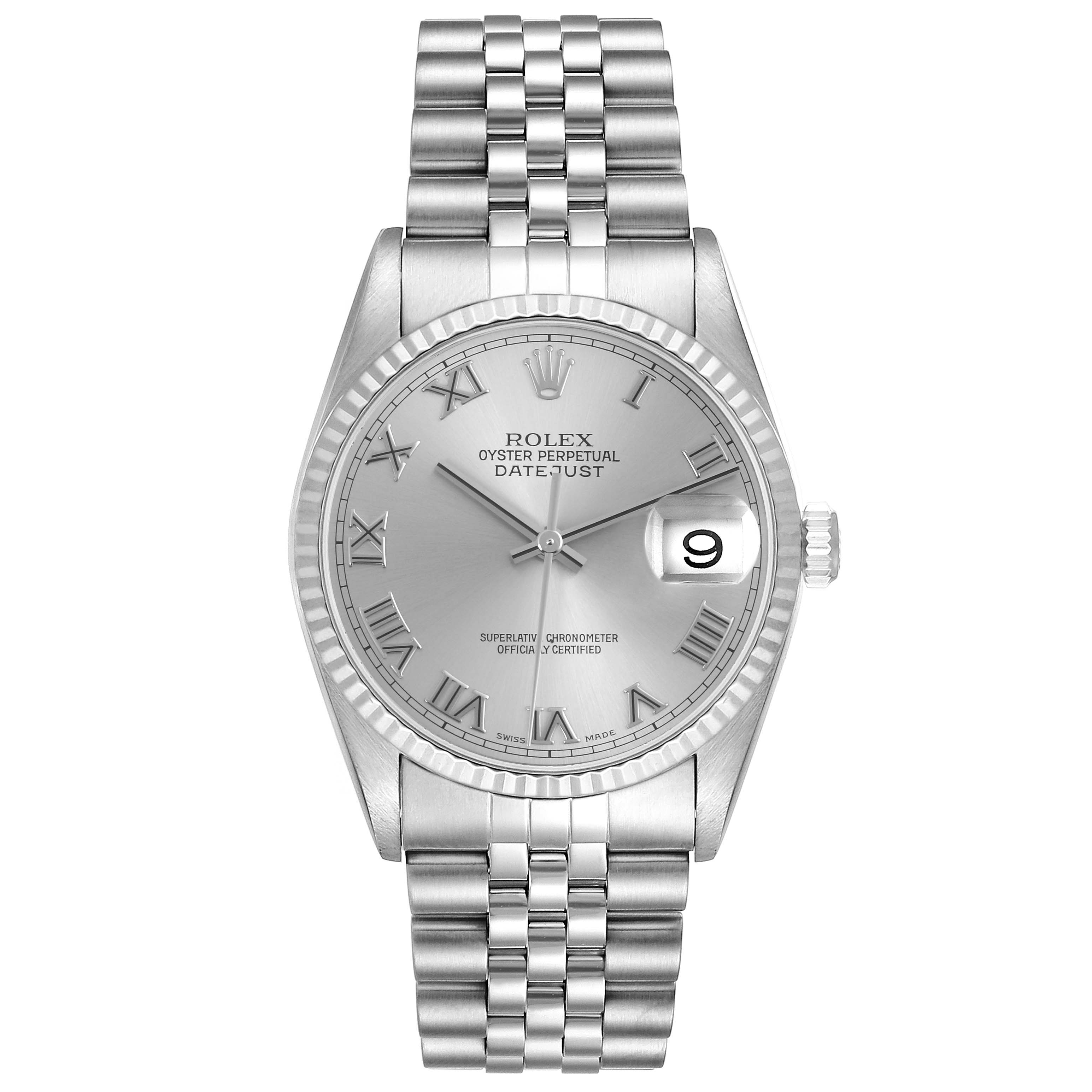 The Rolex Datejust 16234 Men
s Steel and Gold (two tone) Silver Dial 16234 Men
s Steel and Gold (two tone) Silver Dial is shown from a front angle, displaying the dial, bezel, bracelet, and date window.