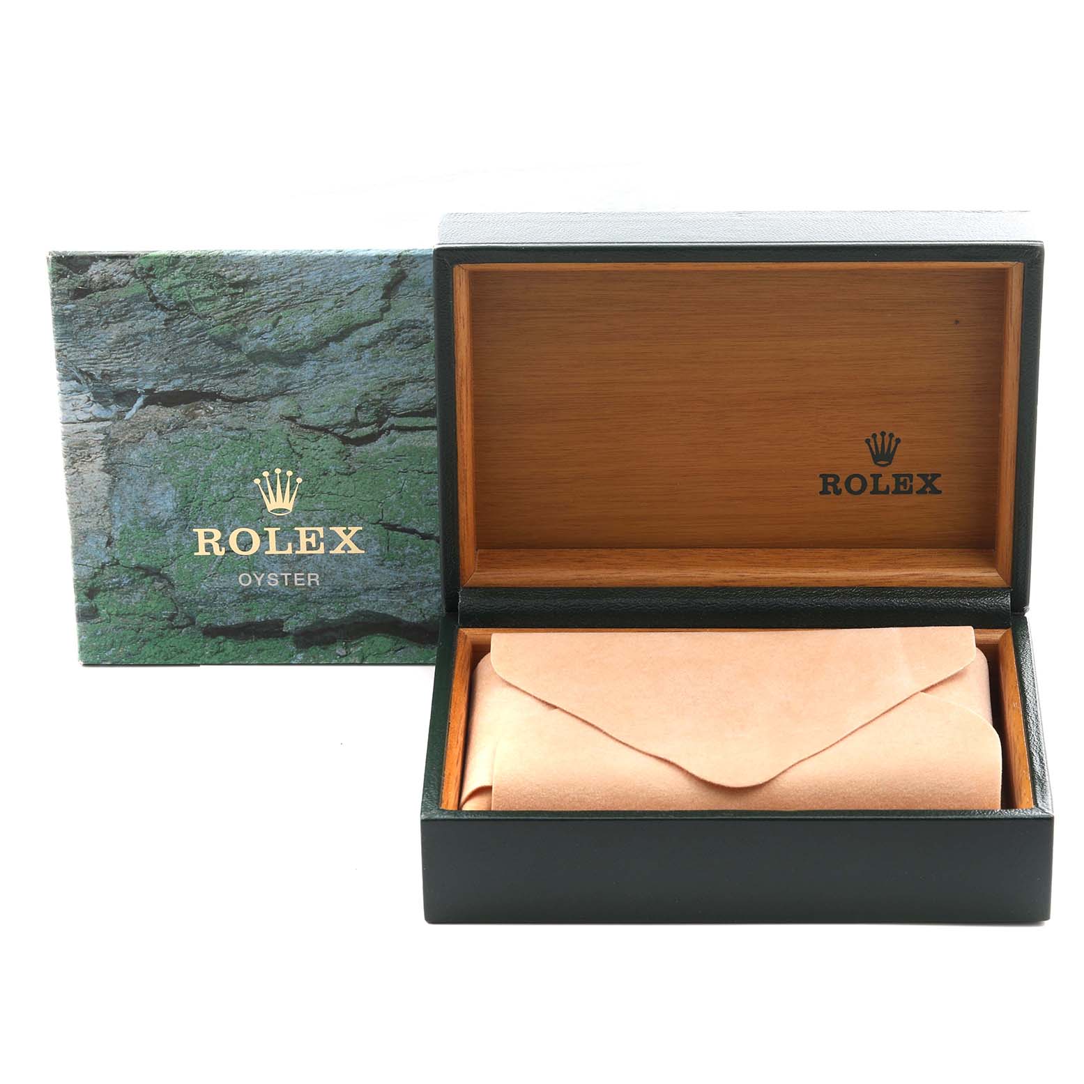 The image shows an open Rolex Datejust 16234 Men
s Steel and Gold (two tone) Silver Dial 16234 Men
s Steel and Gold (two tone) Silver Dial box, revealing the interior and a covered compartment.