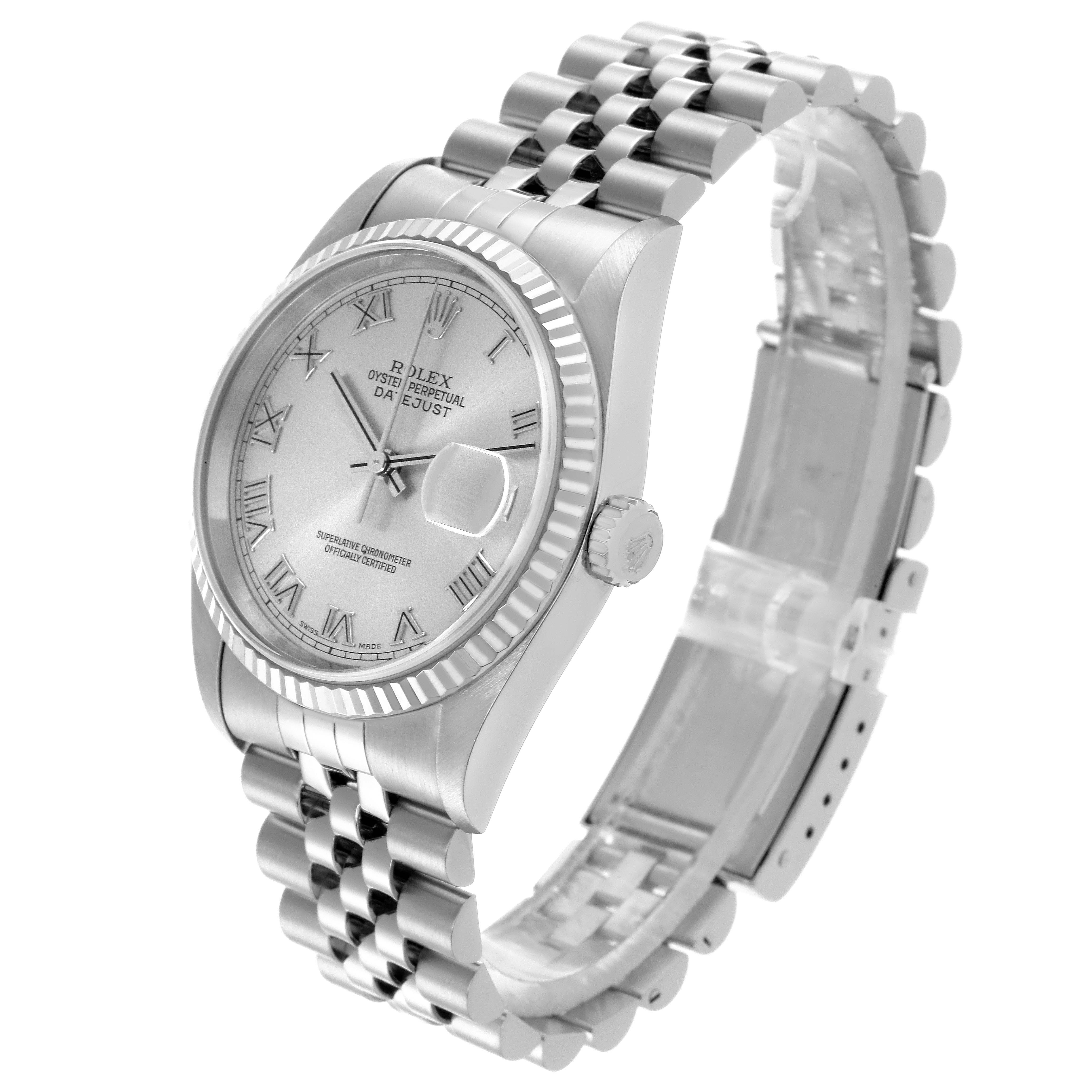 The Rolex Datejust 16234 Men
s Steel and Gold (two tone) Silver Dial 16234 Men
s Steel and Gold (two tone) Silver Dial watch is shown at a three-quarter angle, displaying the face, bezel, crown, and jubilee bracelet.