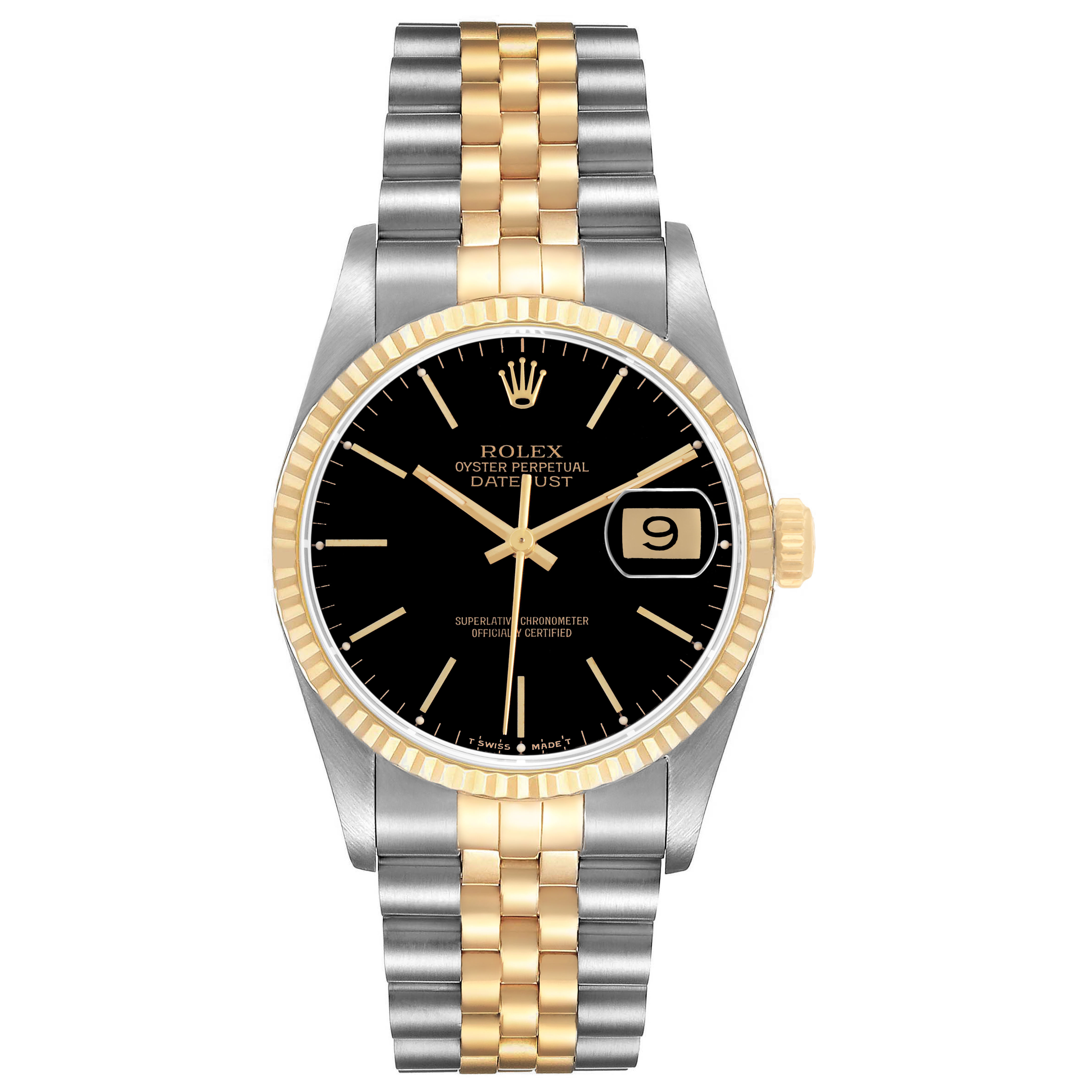 The Rolex Datejust 16233 Men's Stainless Steel Black Dial watch is shown from the front, displaying its dial, bezel, case, crown, and two-tone bracelet.