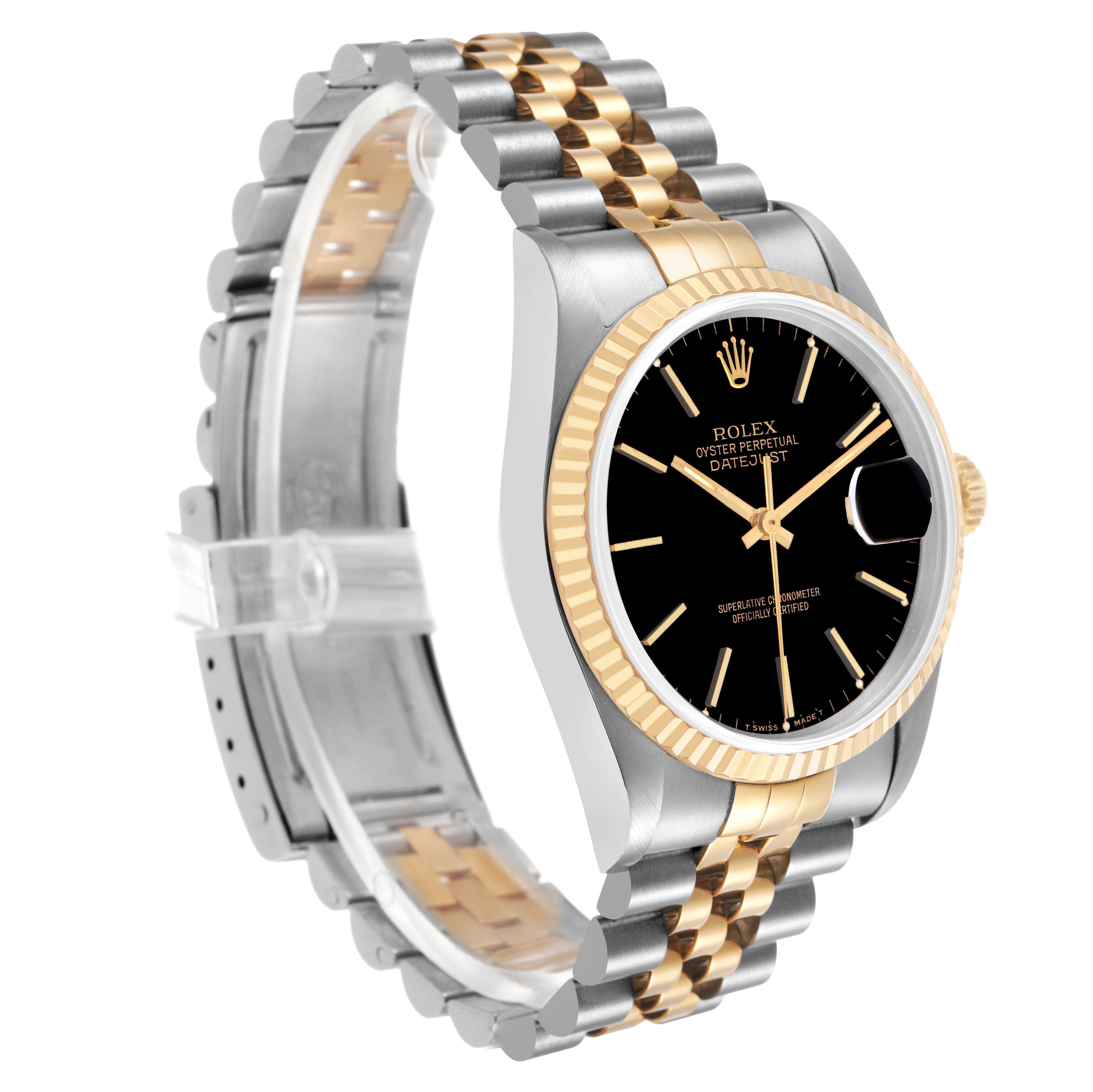 The image shows a Rolex Datejust 16233 Men's Stainless Steel Black Dial watch at a three-quarter angle, highlighting the bracelet, bezel, and black dial.