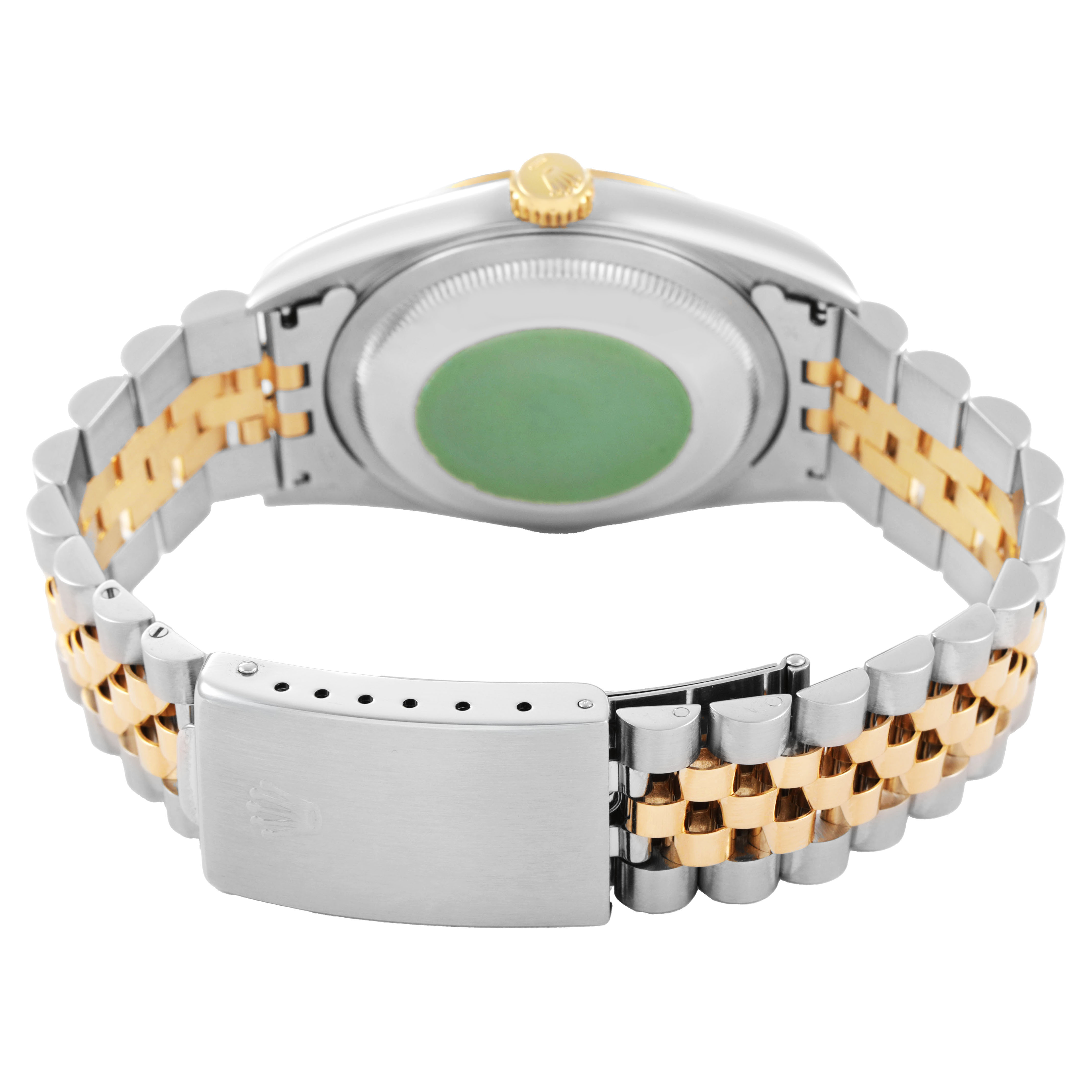 The image shows the back of a Rolex Datejust 16233 Men's Stainless Steel Black Dial watch, highlighting its clasp, case back, and two-tone Jubilee bracelet.