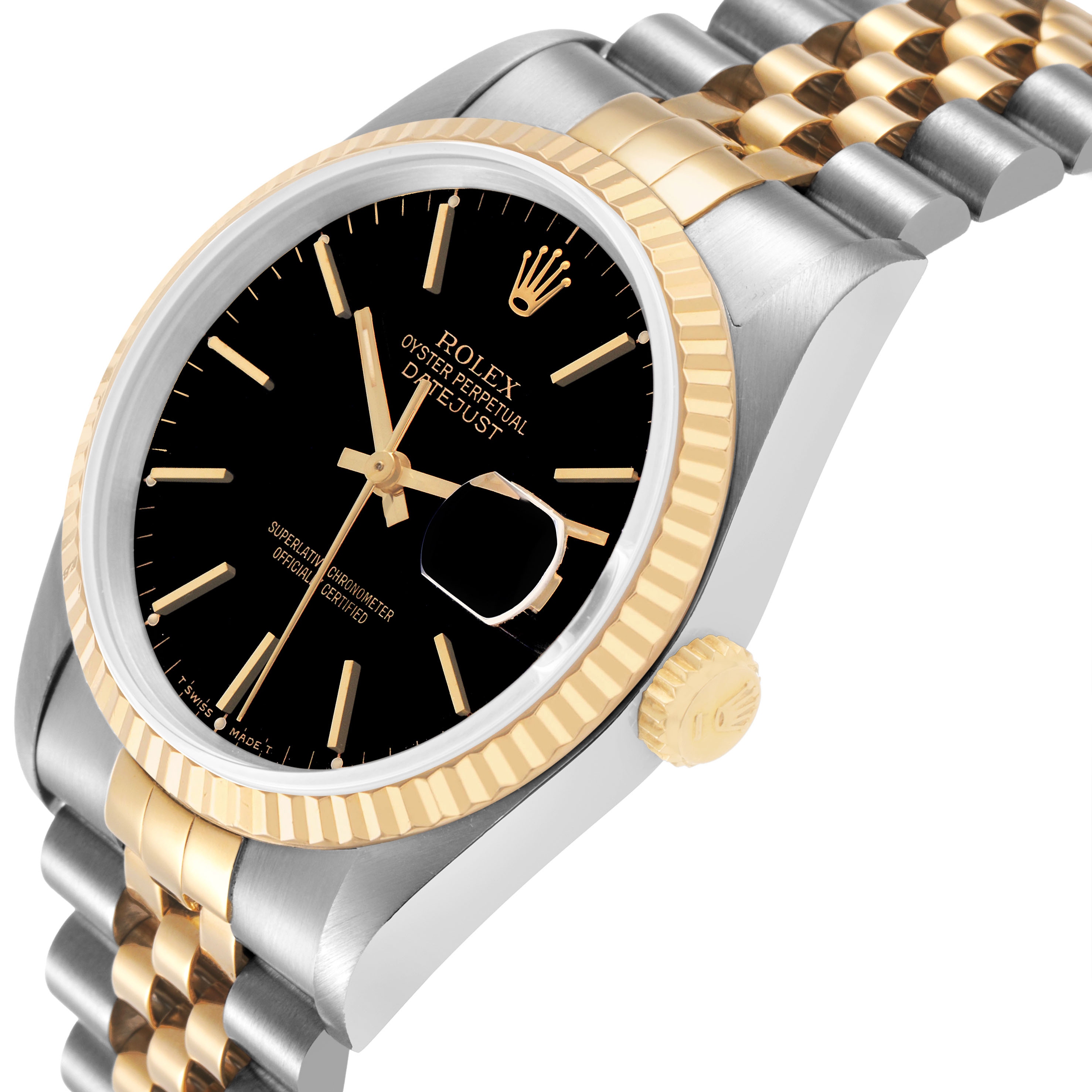 The Rolex Datejust 16233 Men's Stainless Steel Black Dial watch is shown at an angled view, highlighting the black dial, fluted bezel, and Jubilee bracelet.