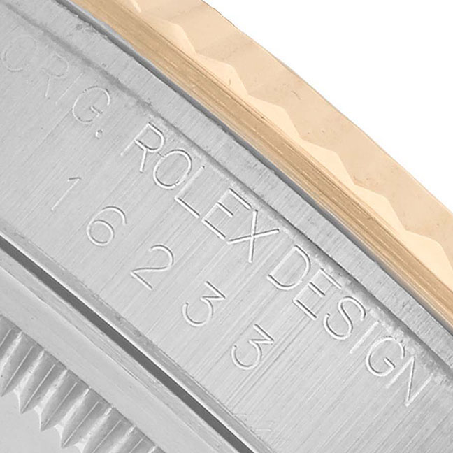 The image shows the side of a Rolex Datejust 16233 Men's Stainless Steel Black Dial watch case, highlighting the engraved model number and design details.