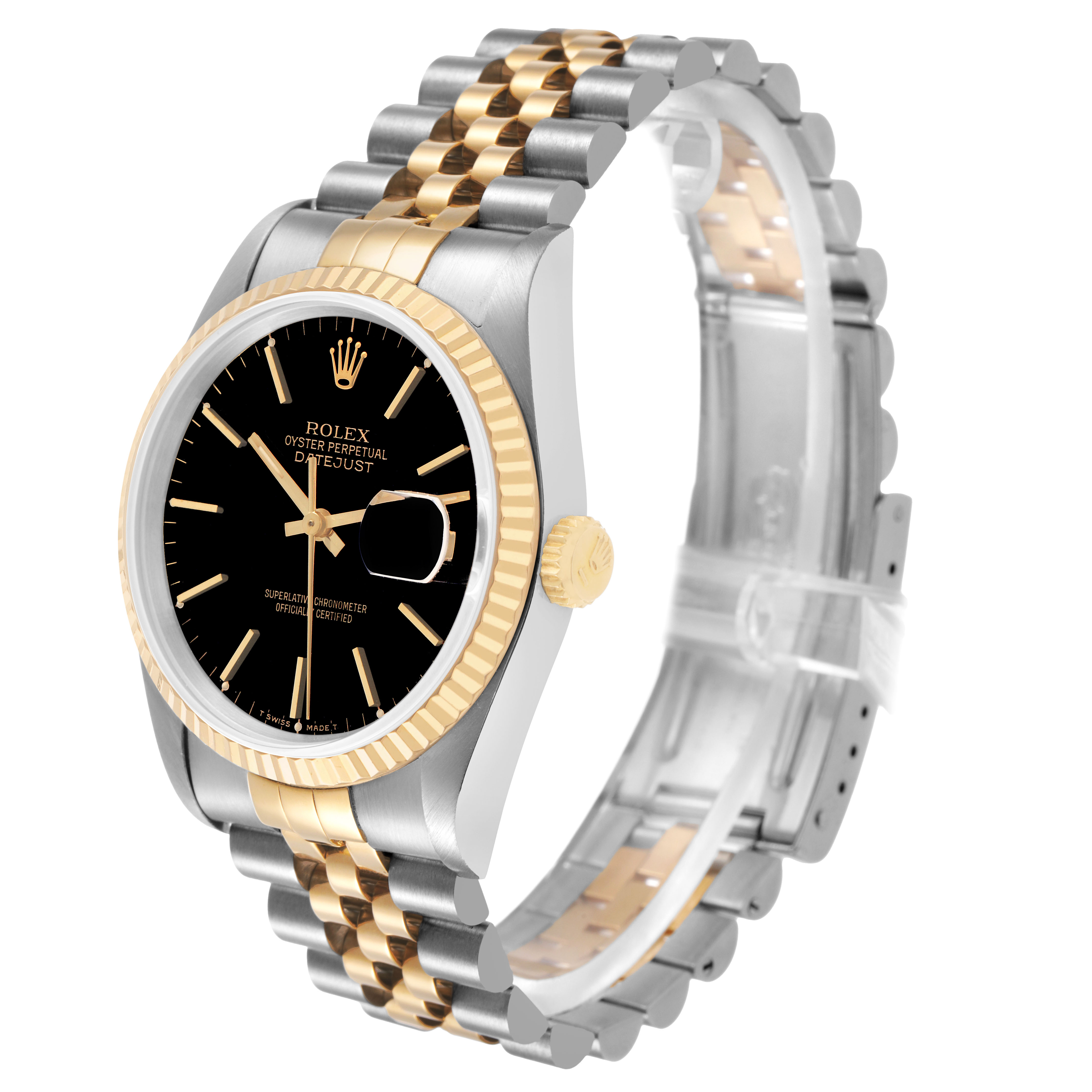 The image shows a Rolex Datejust 16233 Men's Stainless Steel Black Dial watch at a side angle, highlighting the dial, bezel, crown, and two-tone bracelet.