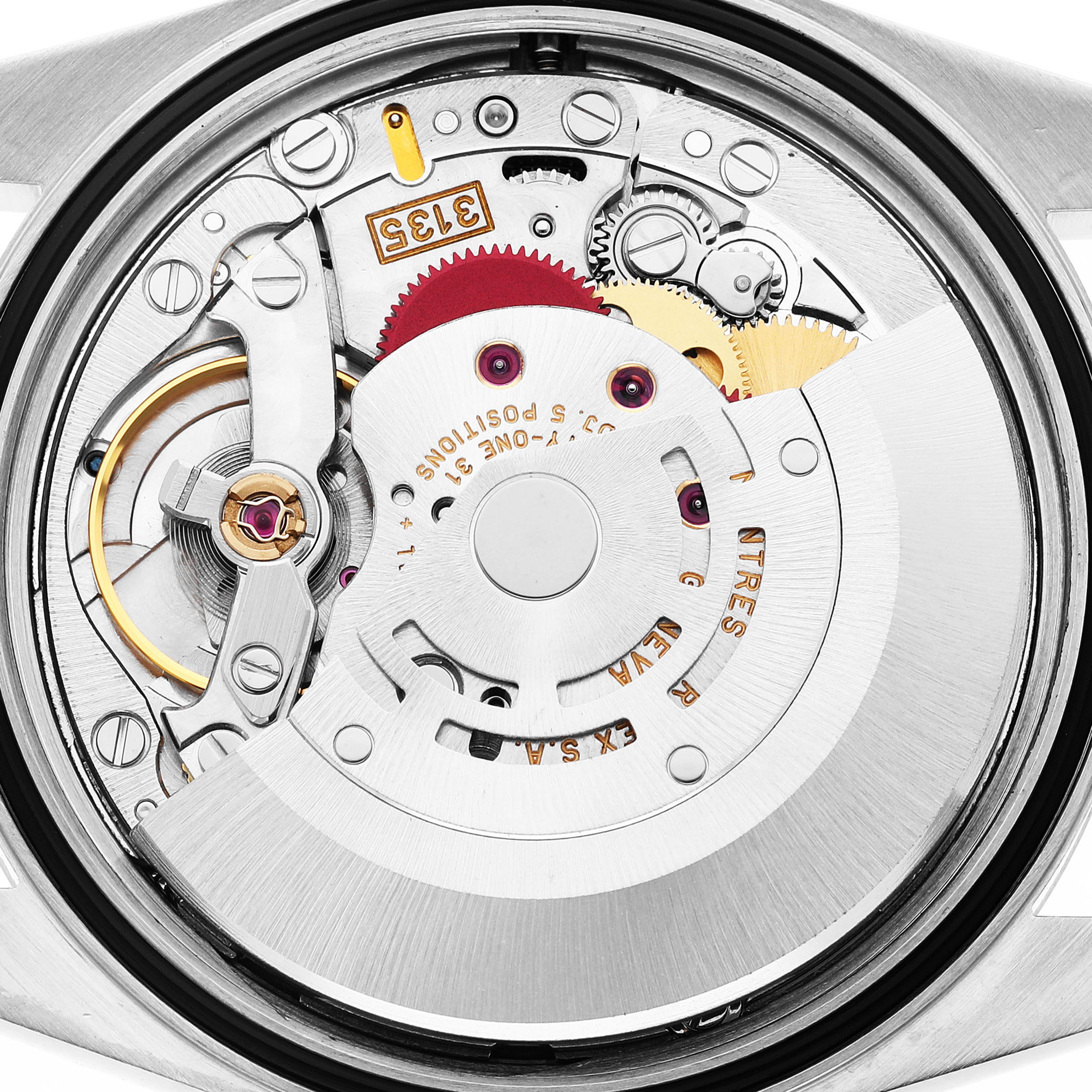 The image shows a top-down view of the movement mechanism of a Rolex Datejust 16233 Men's Stainless Steel Black Dial watch.