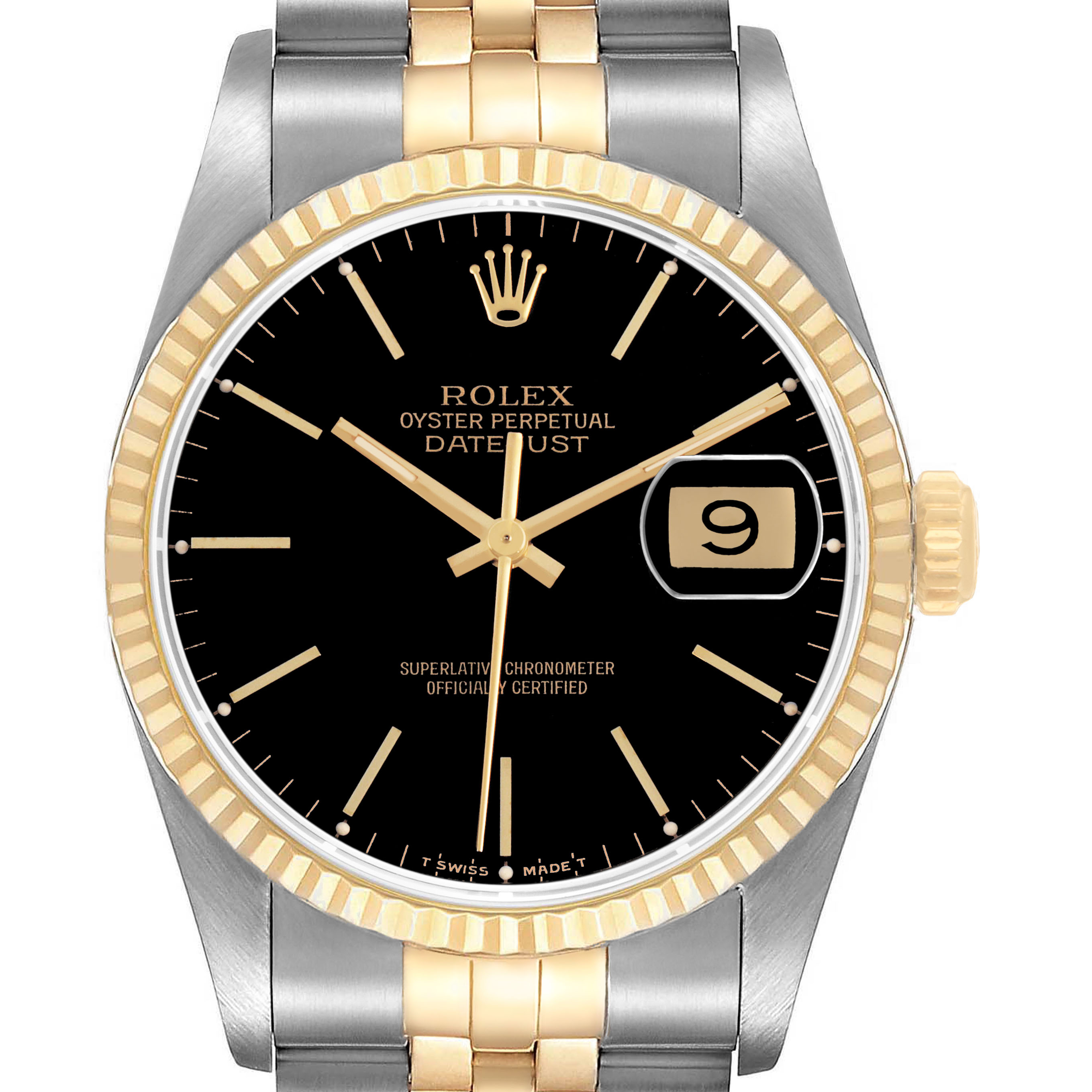 The Rolex Datejust 16233 Men's Stainless Steel Black Dial watch is shown from the front, displaying its face, crown, and bracelet.