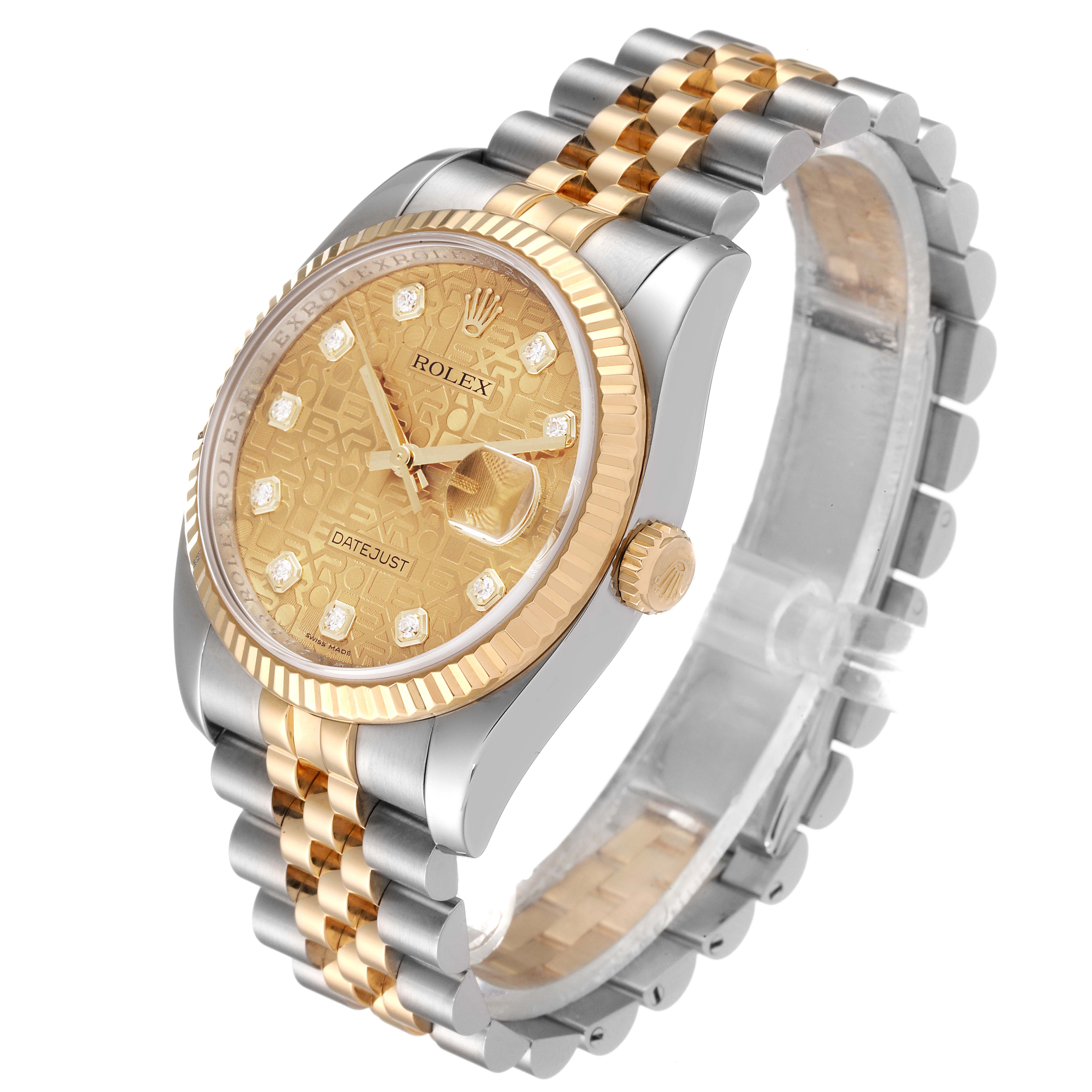 This image shows a Rolex Datejust 116233 Men's Steel and Gold (two tone) Champagne Dial 116233 Men's Steel and Gold (two tone) Champagne Dial watch at a three-quarter angle, highlighting the dial, bezel, crown, and bracelet.