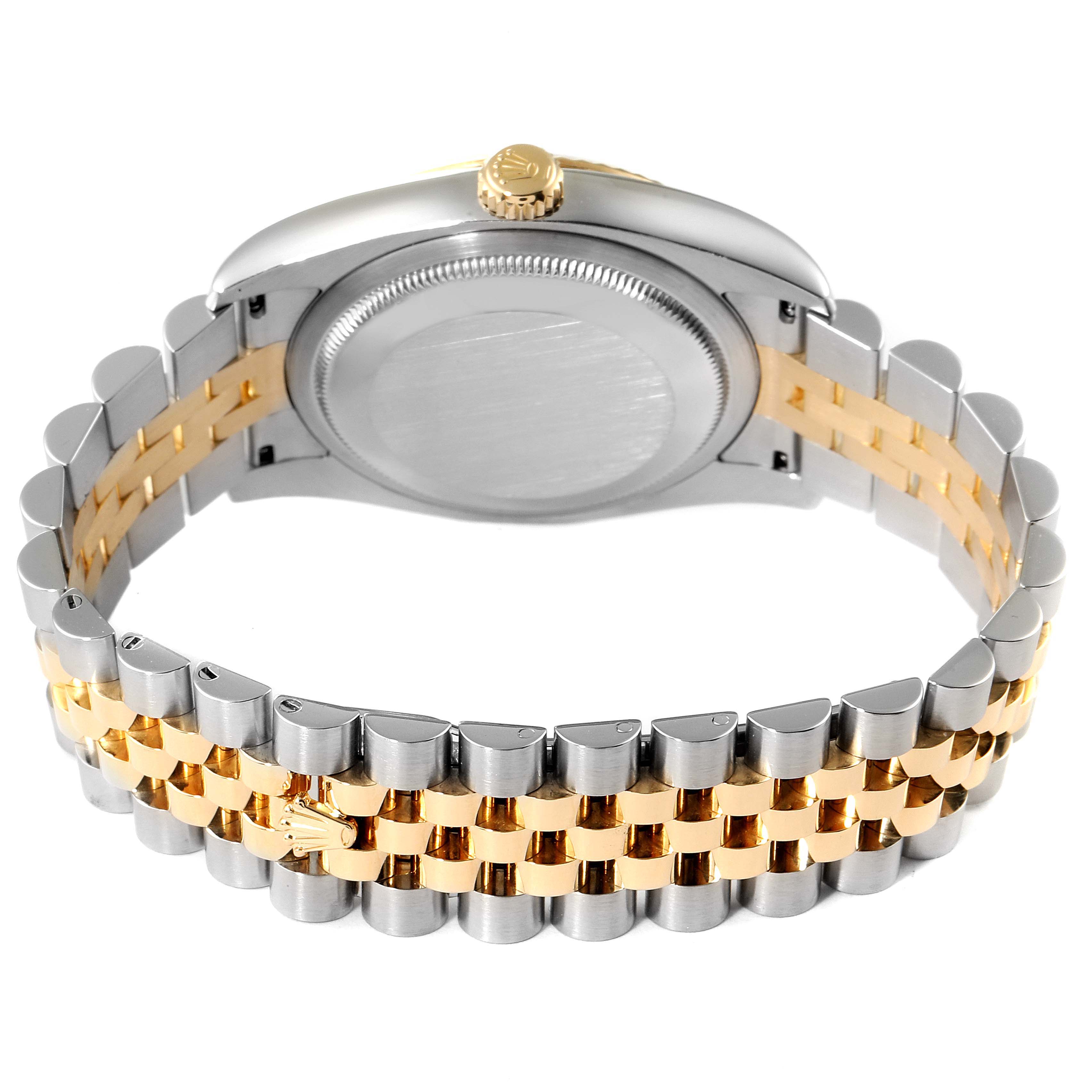 The image shows the back view of a Rolex Datejust 116233 Men's Steel and Gold (two tone) Champagne Dial 116233 Men's Steel and Gold (two tone) Champagne Dial watch, highlighting its case and two-tone bracelet.