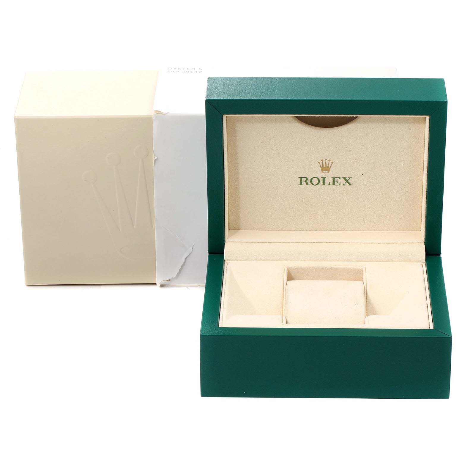 This image shows an open green and cream-colored Rolex Datejust 116233 Men's Steel and Gold (two tone) Champagne Dial 116233 Men's Steel and Gold (two tone) Champagne Dial watch box positioned to provide a front view, with its outer cardboard box behind.