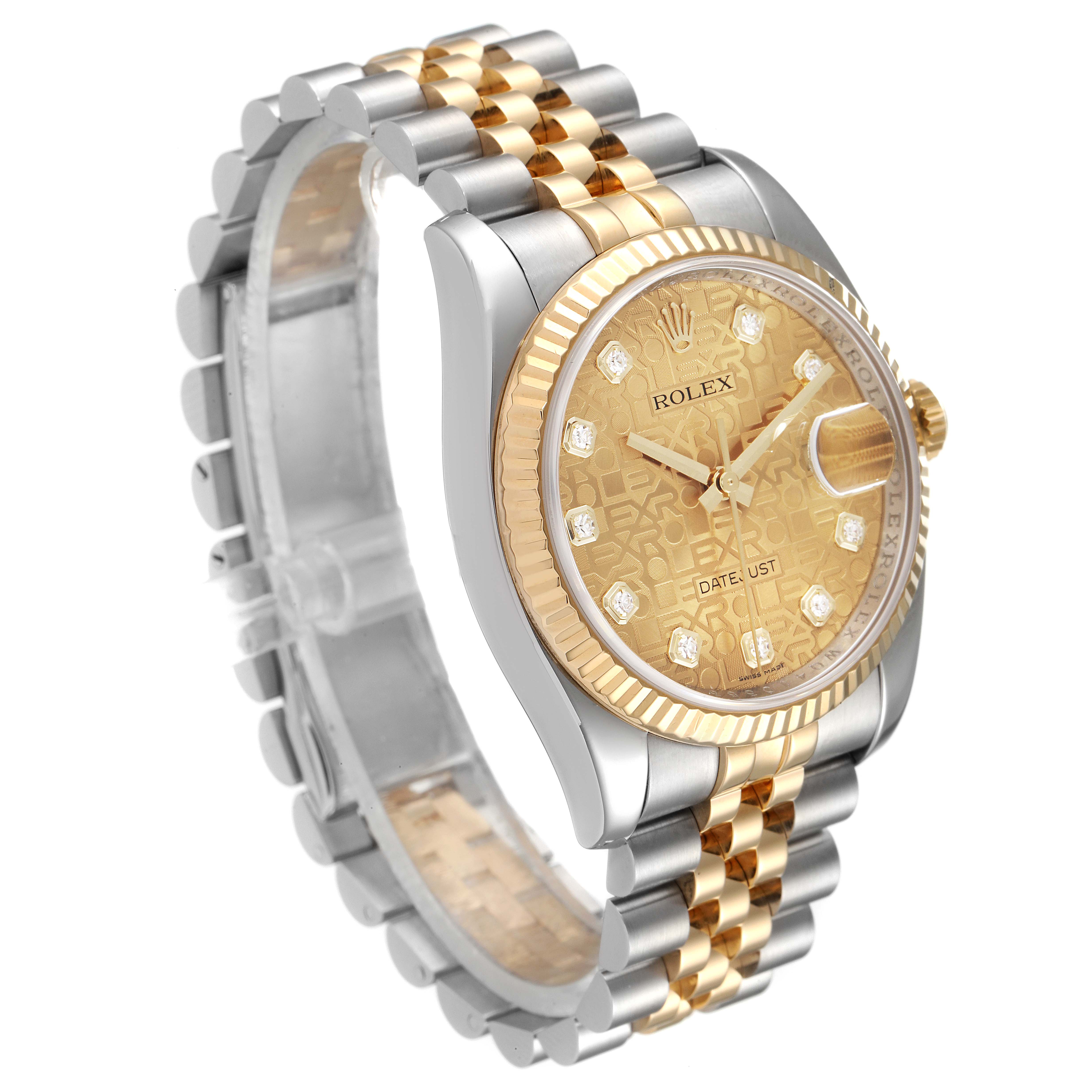 This image shows a Rolex Datejust 116233 Men's Steel and Gold (two tone) Champagne Dial 116233 Men's Steel and Gold (two tone) Champagne Dial watch at an angle highlighting its face, bezel, crown, and bracelet.