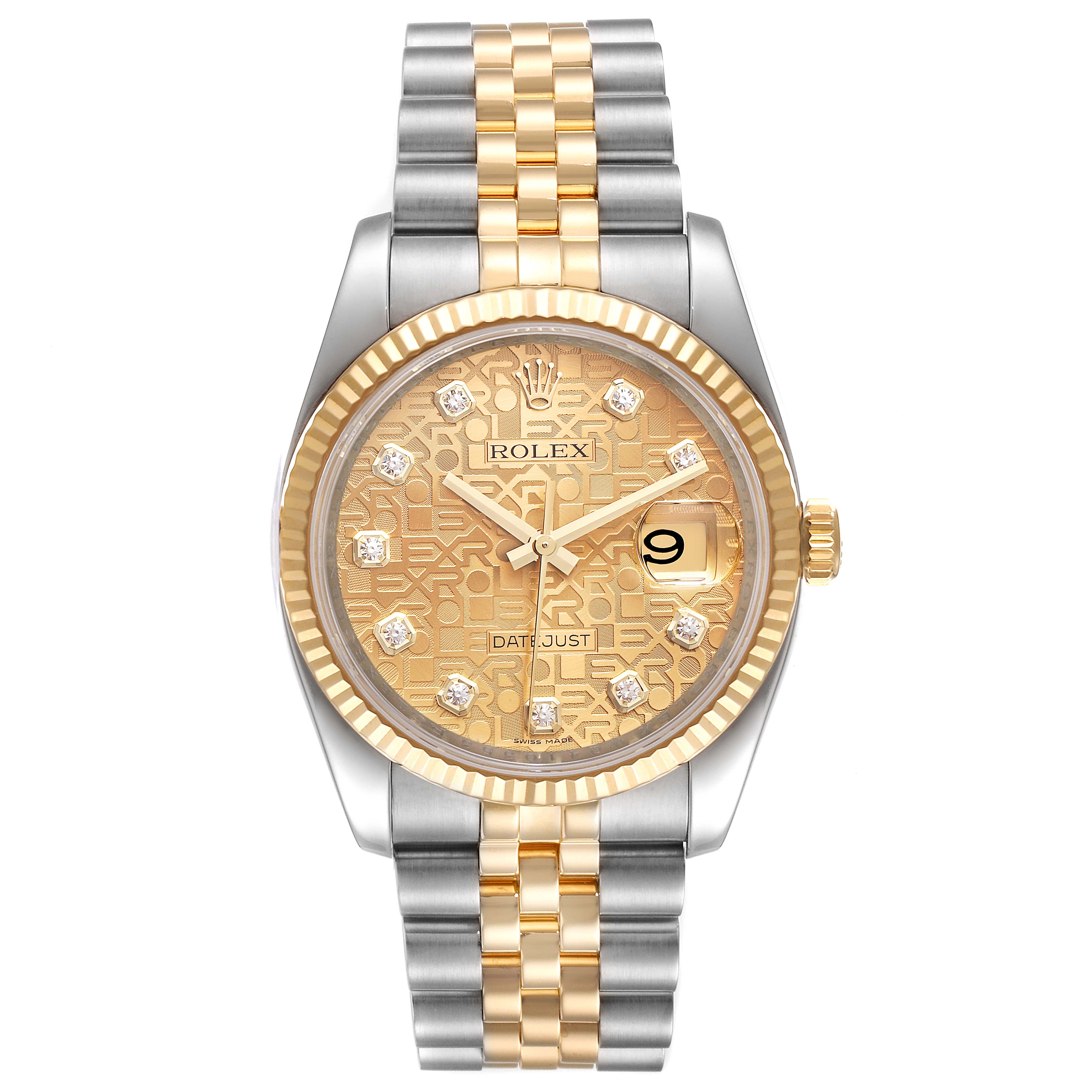 The image shows a front-view angle of a Rolex Datejust 116233 Men's Steel and Gold (two tone) Champagne Dial 116233 Men's Steel and Gold (two tone) Champagne Dial watch displaying its face, bezel, crown, and bracelet.