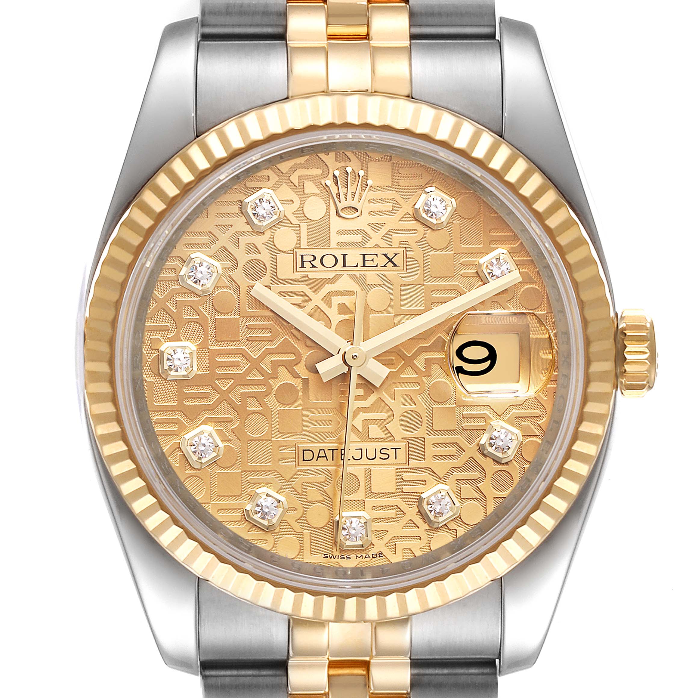 This is a close-up of the Rolex Datejust 116233 Men's Steel and Gold (two tone) Champagne Dial 116233 Men's Steel and Gold (two tone) Champagne Dial watch, showing the dial, hands, date window, and part of the bracelet.