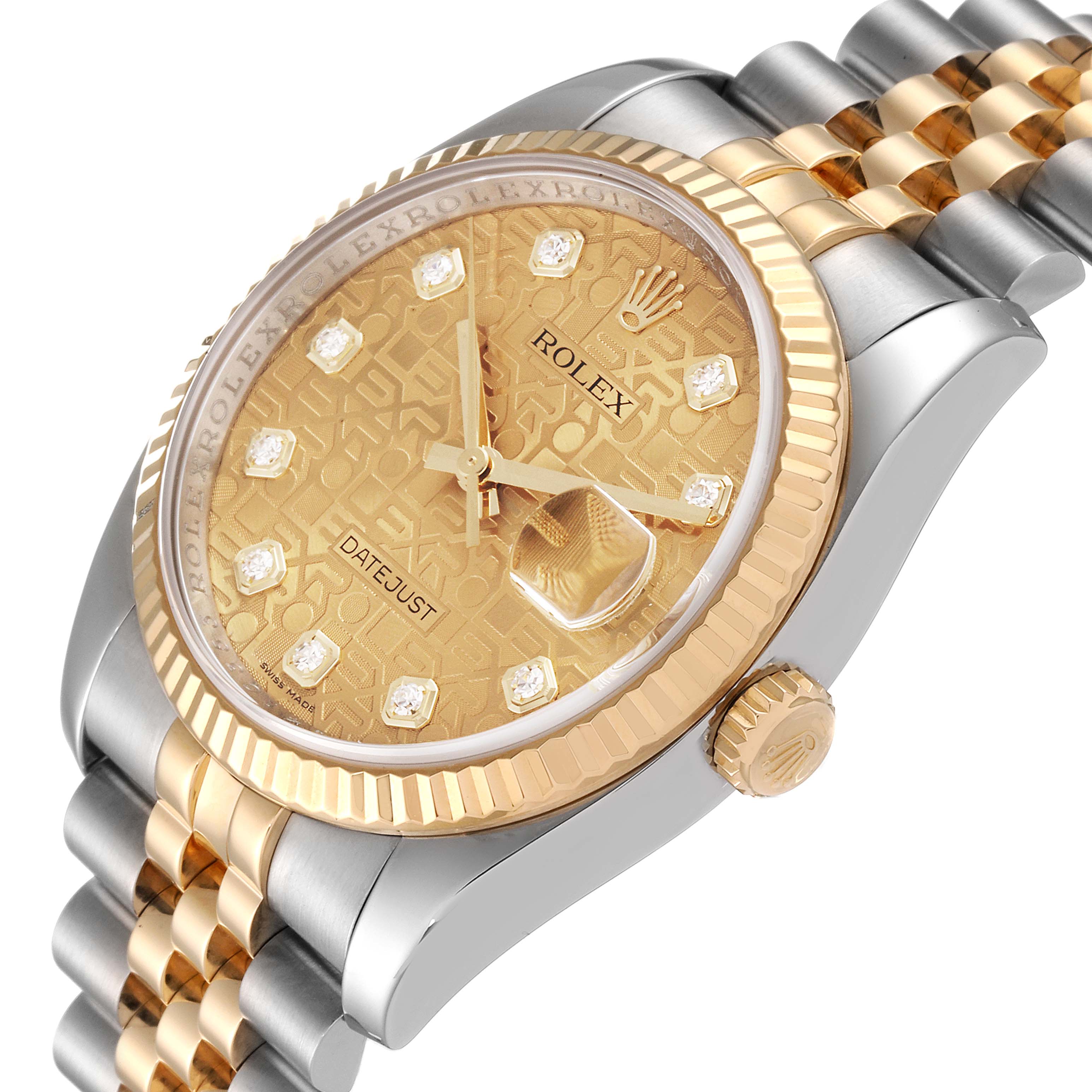 The image shows a Rolex Datejust 116233 Men's Steel and Gold (two tone) Champagne Dial 116233 Men's Steel and Gold (two tone) Champagne Dial watch at an angle revealing its gold dial, bezel, jubilee bracelet, and side crown.