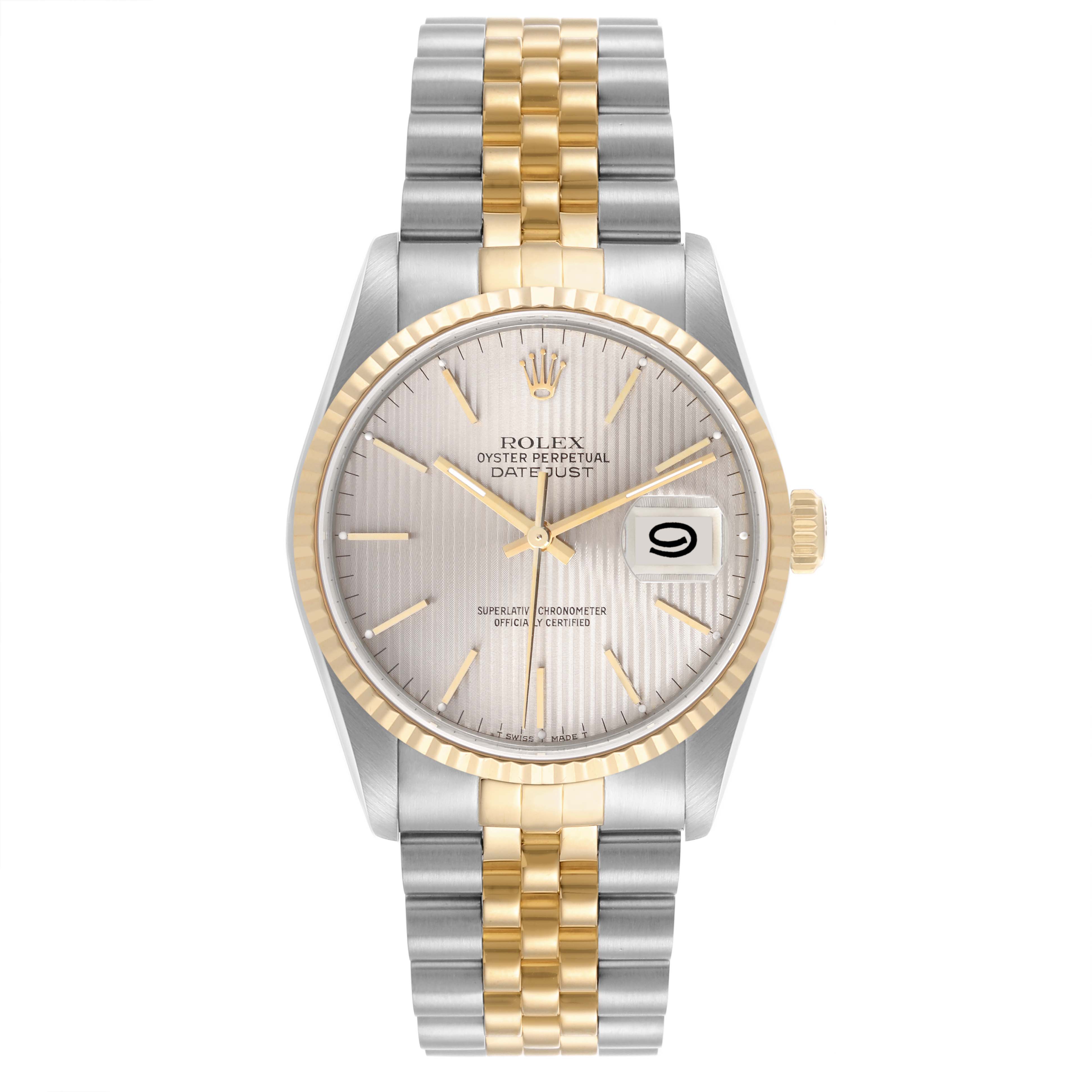 The Rolex Datejust 16233 Men
s Steel and Gold (two tone) Silver Dial 16233 Men
s Steel and Gold (two tone) Silver Dial is shown from a top view, highlighting its dial, bezel, and two-tone Jubilee bracelet.