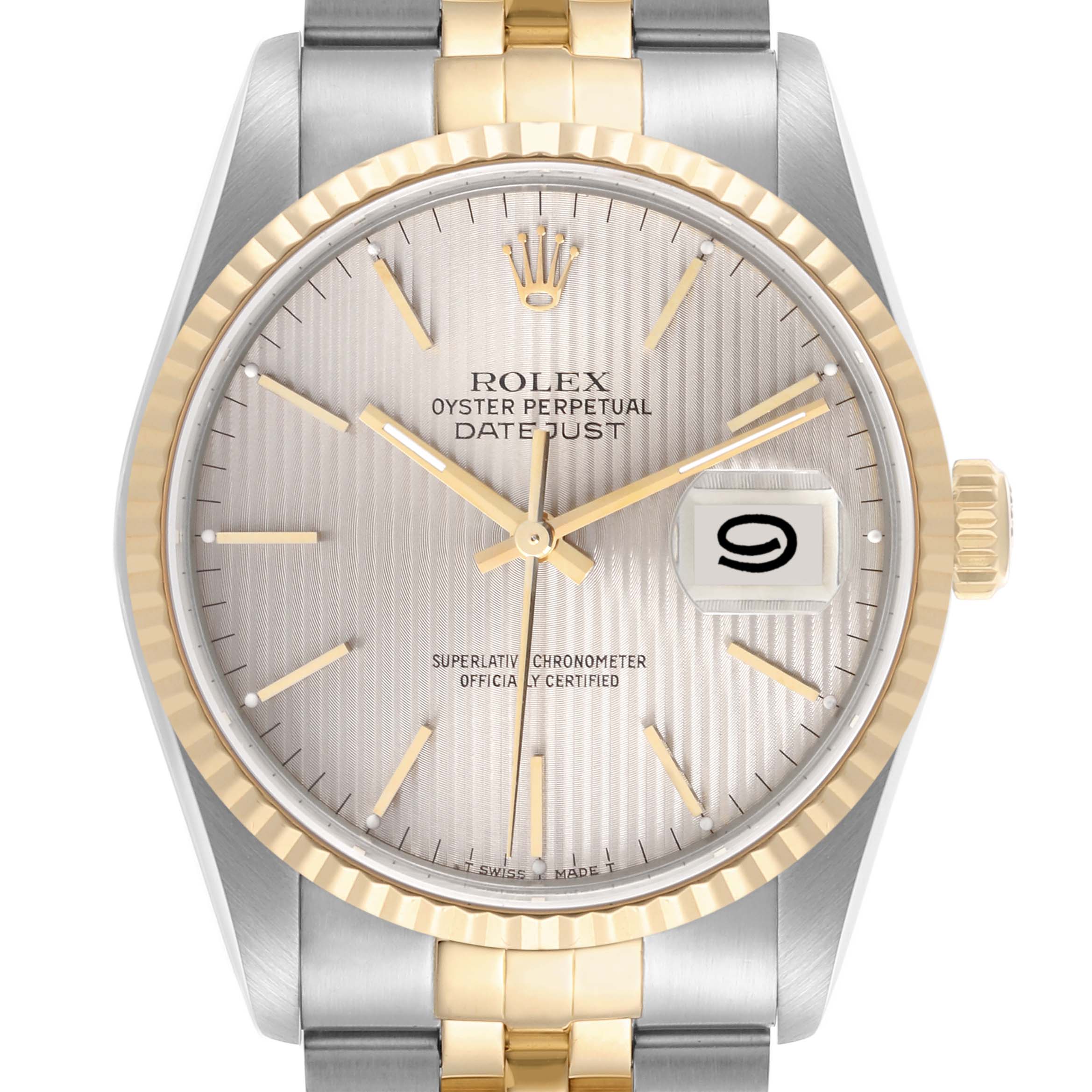 The Rolex Datejust 16233 Men
s Steel and Gold (two tone) Silver Dial 16233 Men
s Steel and Gold (two tone) Silver Dial watch is shown from the front, featuring the dial, hands, date, fluted bezel, and a two-tone bracelet.