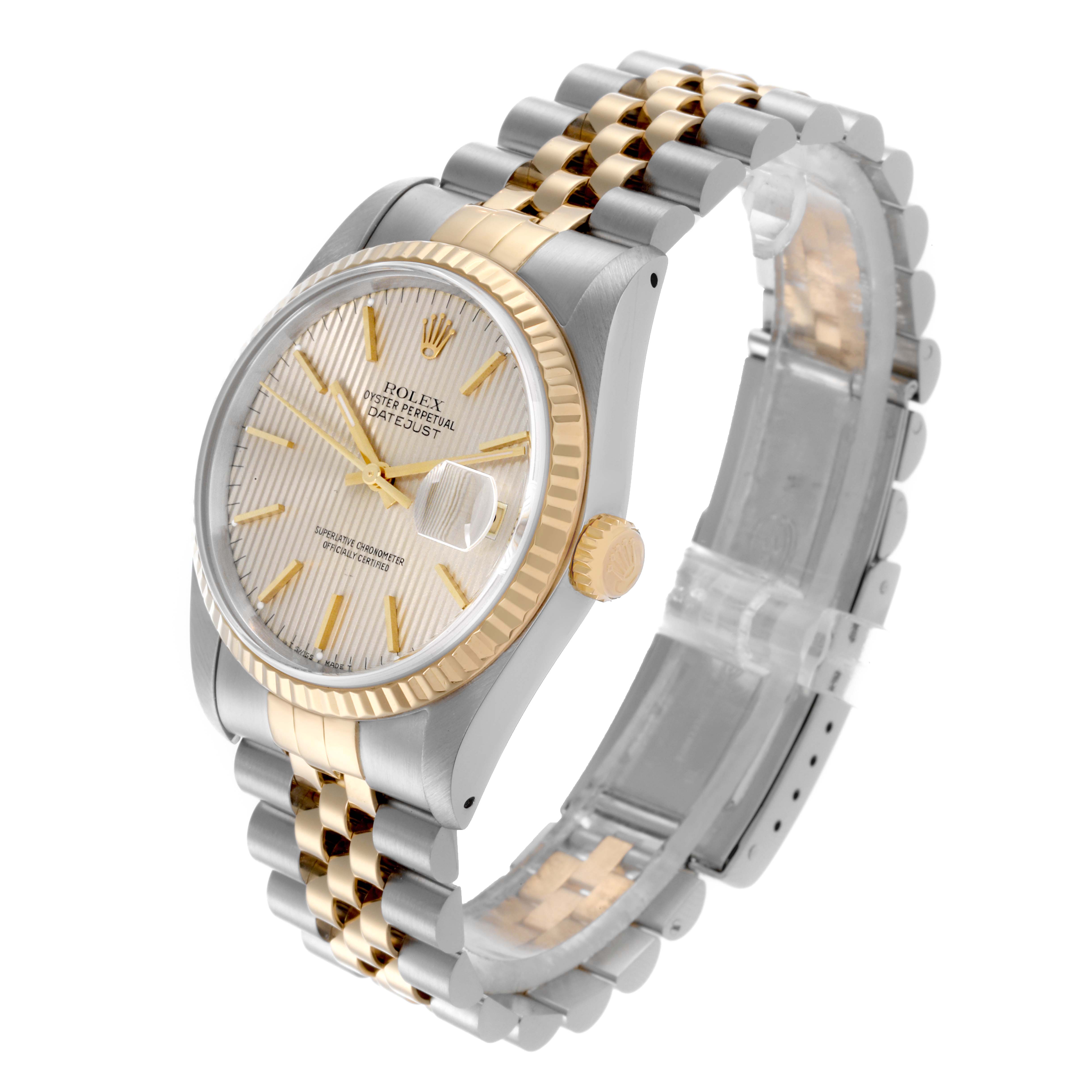 The Rolex Datejust 16233 Men
s Steel and Gold (two tone) Silver Dial 16233 Men
s Steel and Gold (two tone) Silver Dial watch is shown at a slight angle displaying the face, crown, and bracelet.