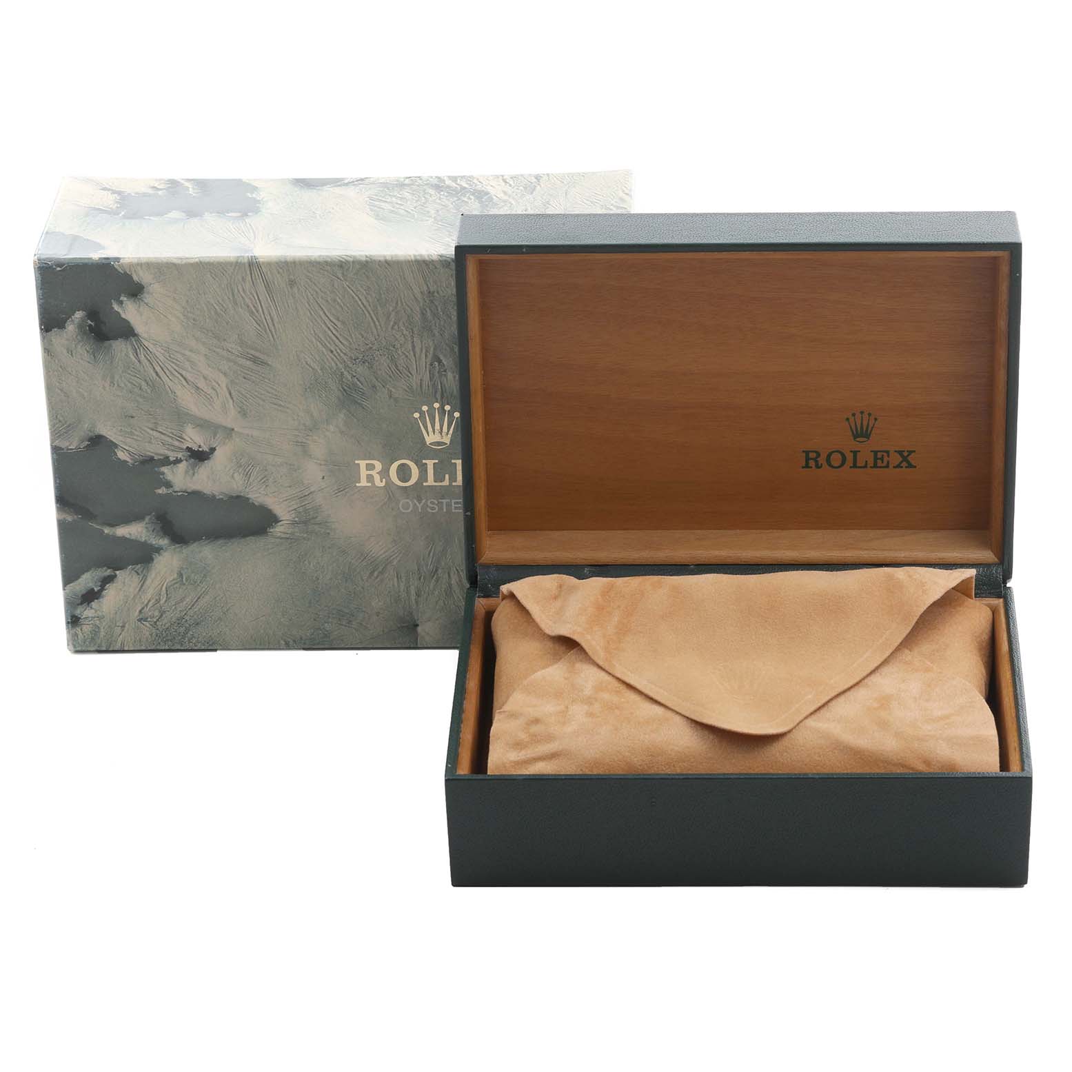 The image shows a Rolex Datejust 16233 Men
s Steel and Gold (two tone) Silver Dial 16233 Men
s Steel and Gold (two tone) Silver Dial watch box and sleeve, with the box open revealing a suede pouch inside.