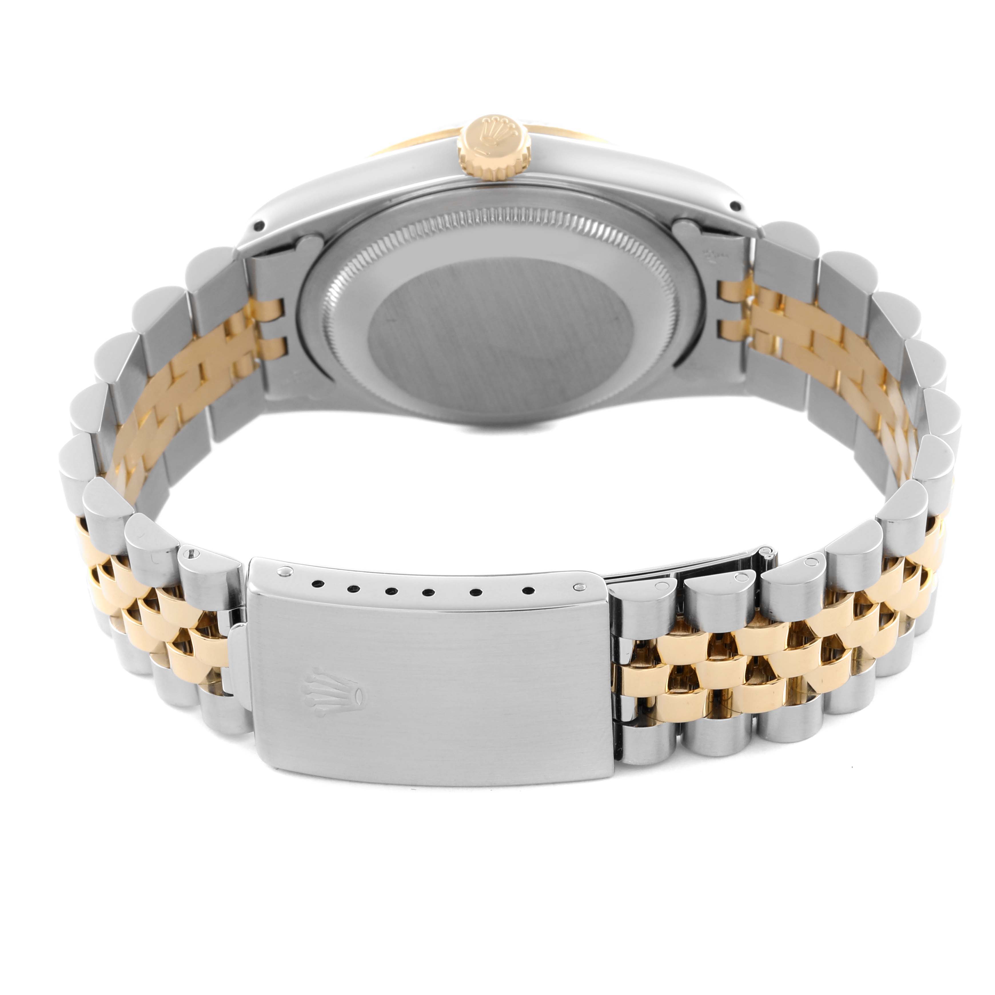 The image shows the backside of a Rolex Datejust 16233 Men
s Steel and Gold (two tone) Silver Dial 16233 Men
s Steel and Gold (two tone) Silver Dial, highlighting the clasp, band, and partially visible case.