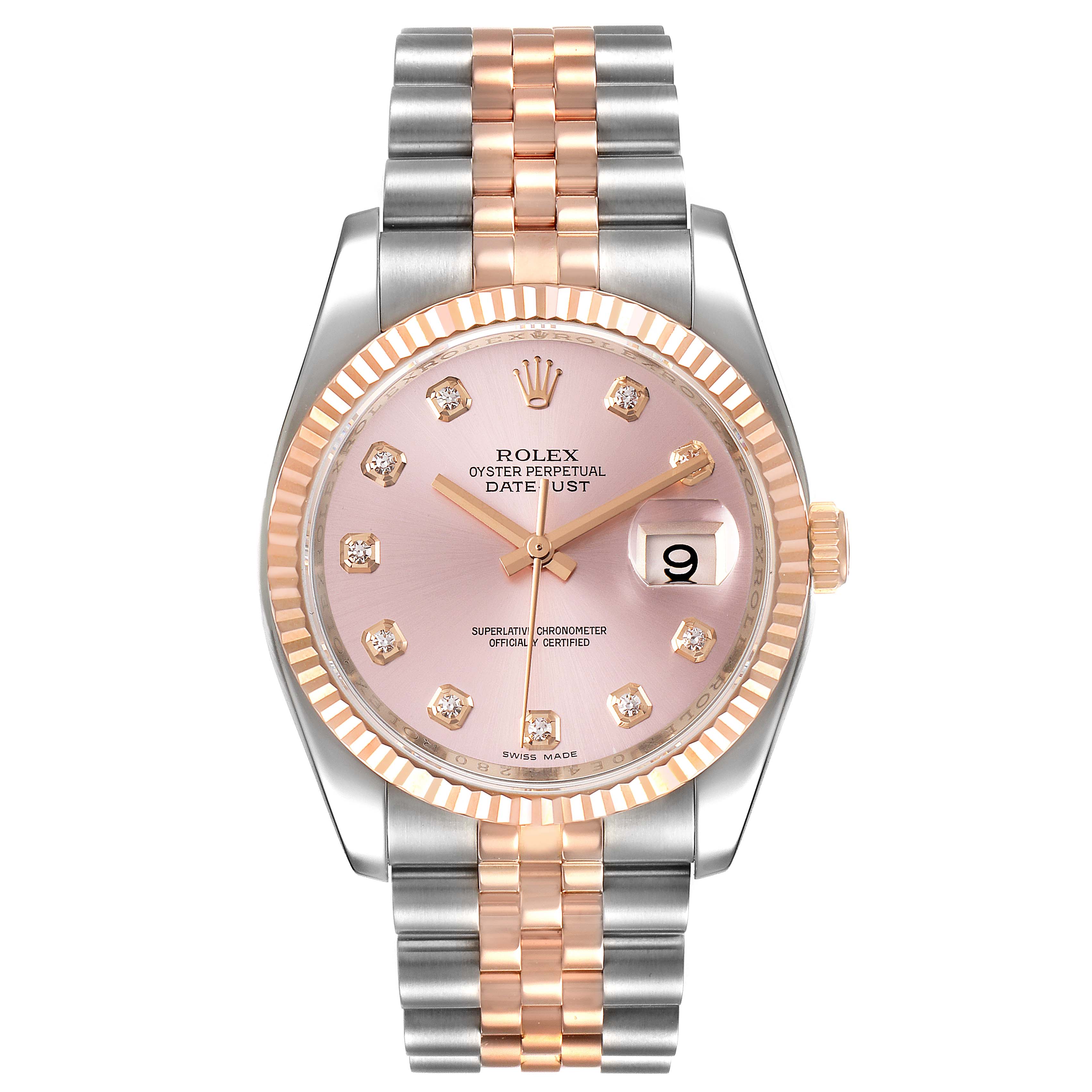 This image shows a Rolex Datejust 116231 Men's Steel and Gold (two tone) Pink Dial 116231 Men's Steel and Gold (two tone) Pink Dial watch from a top-down angle, highlighting its pink dial and two-tone bracelet.