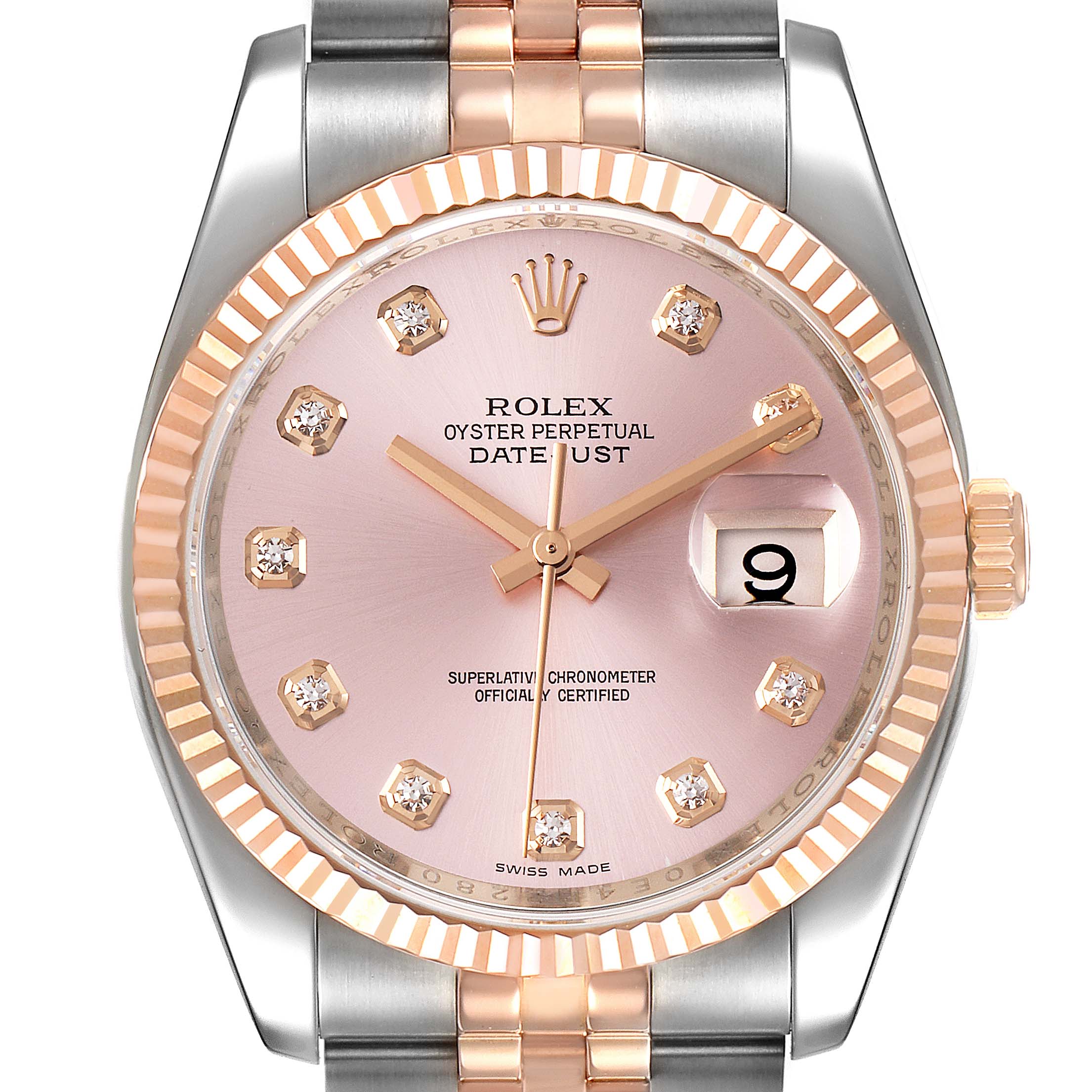 The image shows a close-up of the Rolex Datejust 116231 Men's Steel and Gold (two tone) Pink Dial 116231 Men's Steel and Gold (two tone) Pink Dial watch face and bracelet, highlighting the dial, hands, and date display.