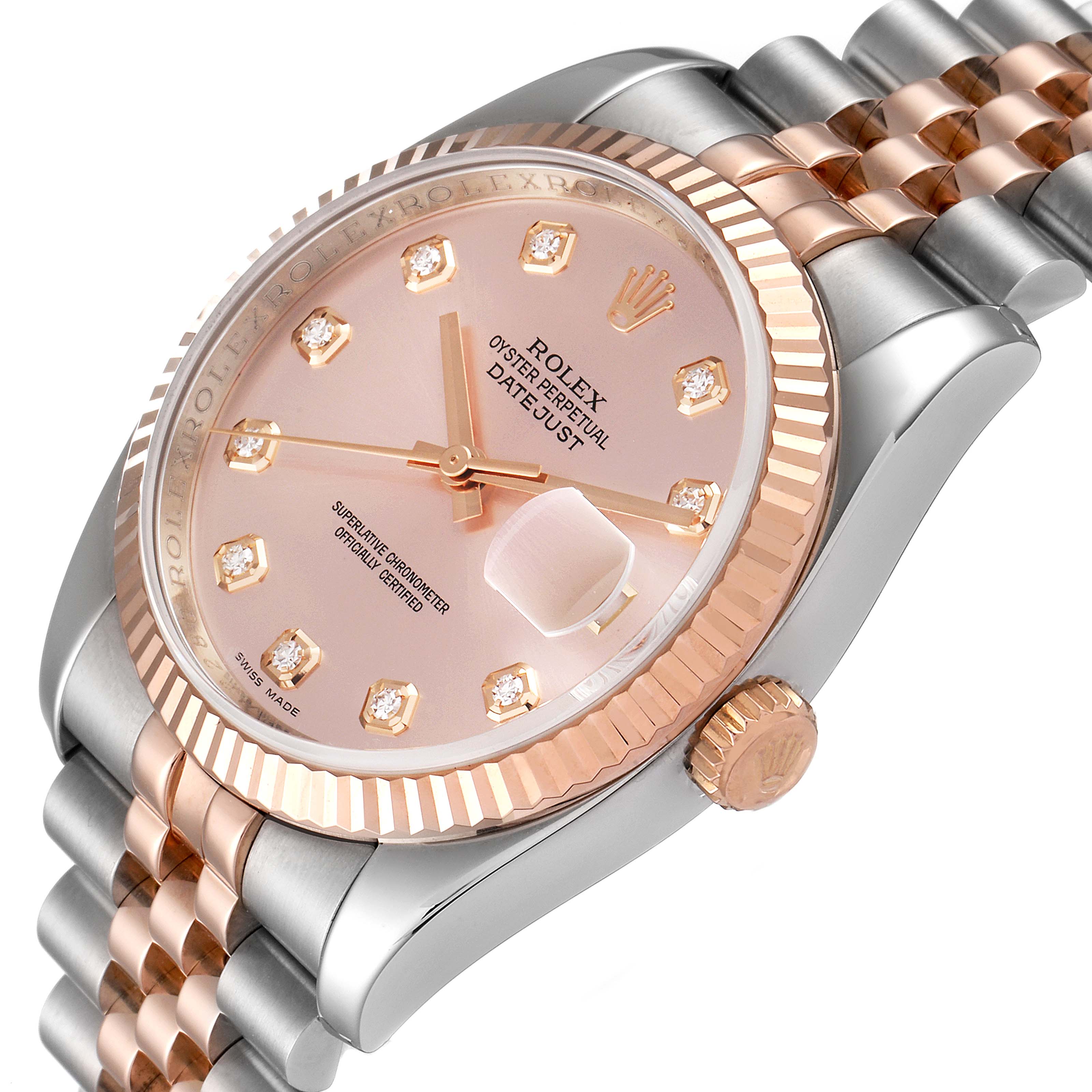 The image shows a close-up angle of a Rolex Datejust 116231 Men's Steel and Gold (two tone) Pink Dial 116231 Men's Steel and Gold (two tone) Pink Dial watch, highlighting its dial, bezel, crown, and bracelet.