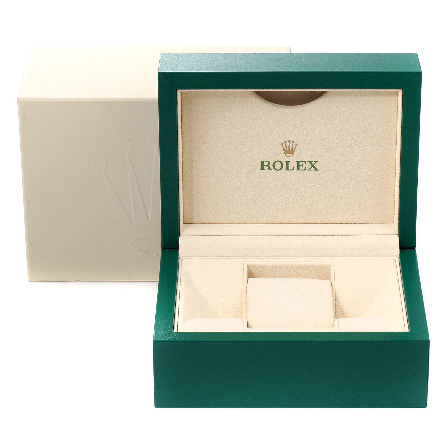 The image shows an open green and beige Rolex Datejust 116231 Men's Steel and Gold (two tone) Pink Dial 116231 Men's Steel and Gold (two tone) Pink Dial watch box with the Rolex logo inside.