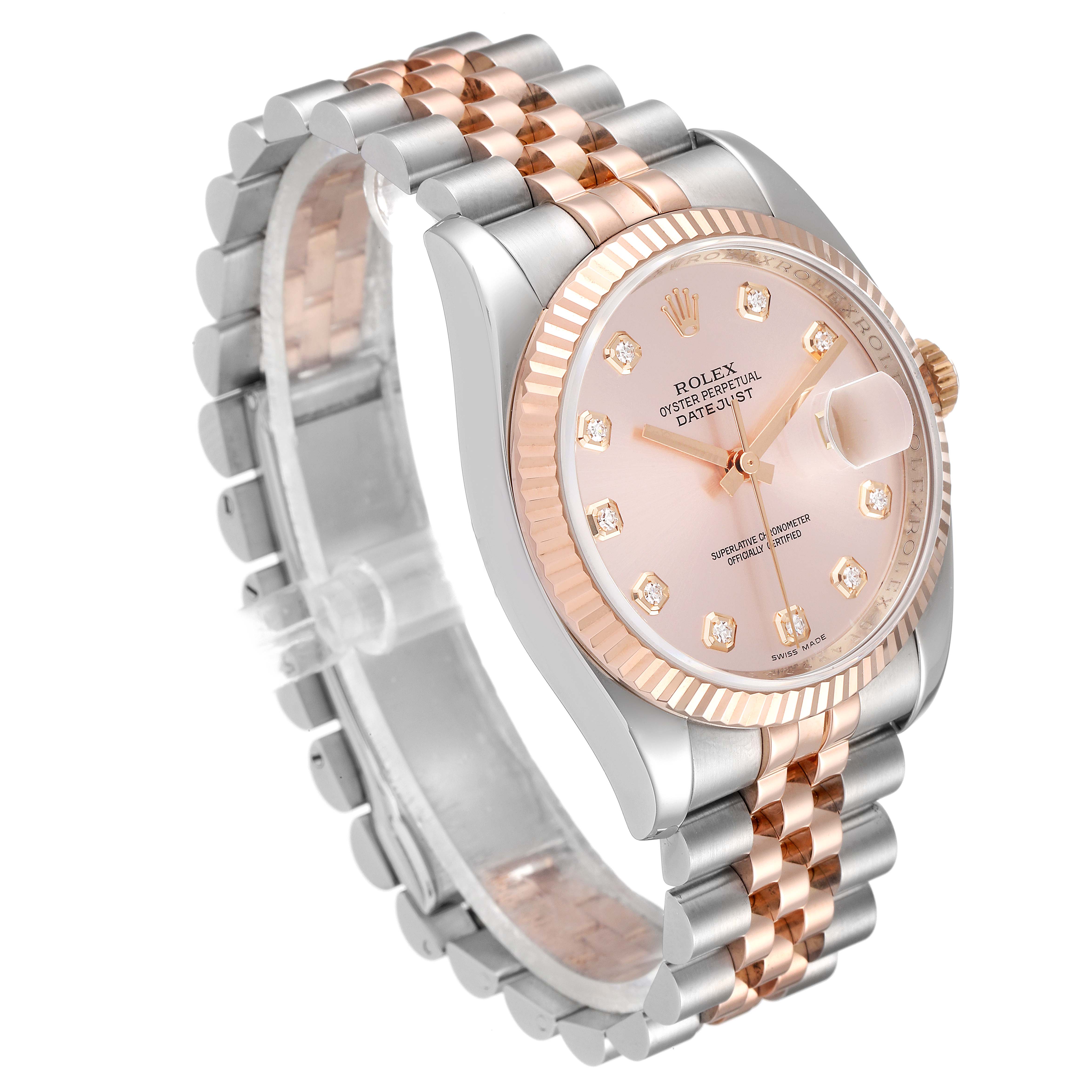 This image shows a side angle of a Rolex Datejust 116231 Men's Steel and Gold (two tone) Pink Dial 116231 Men's Steel and Gold (two tone) Pink Dial watch, highlighting its pink dial, diamond hour markers, and two-tone Jubilee bracelet.
