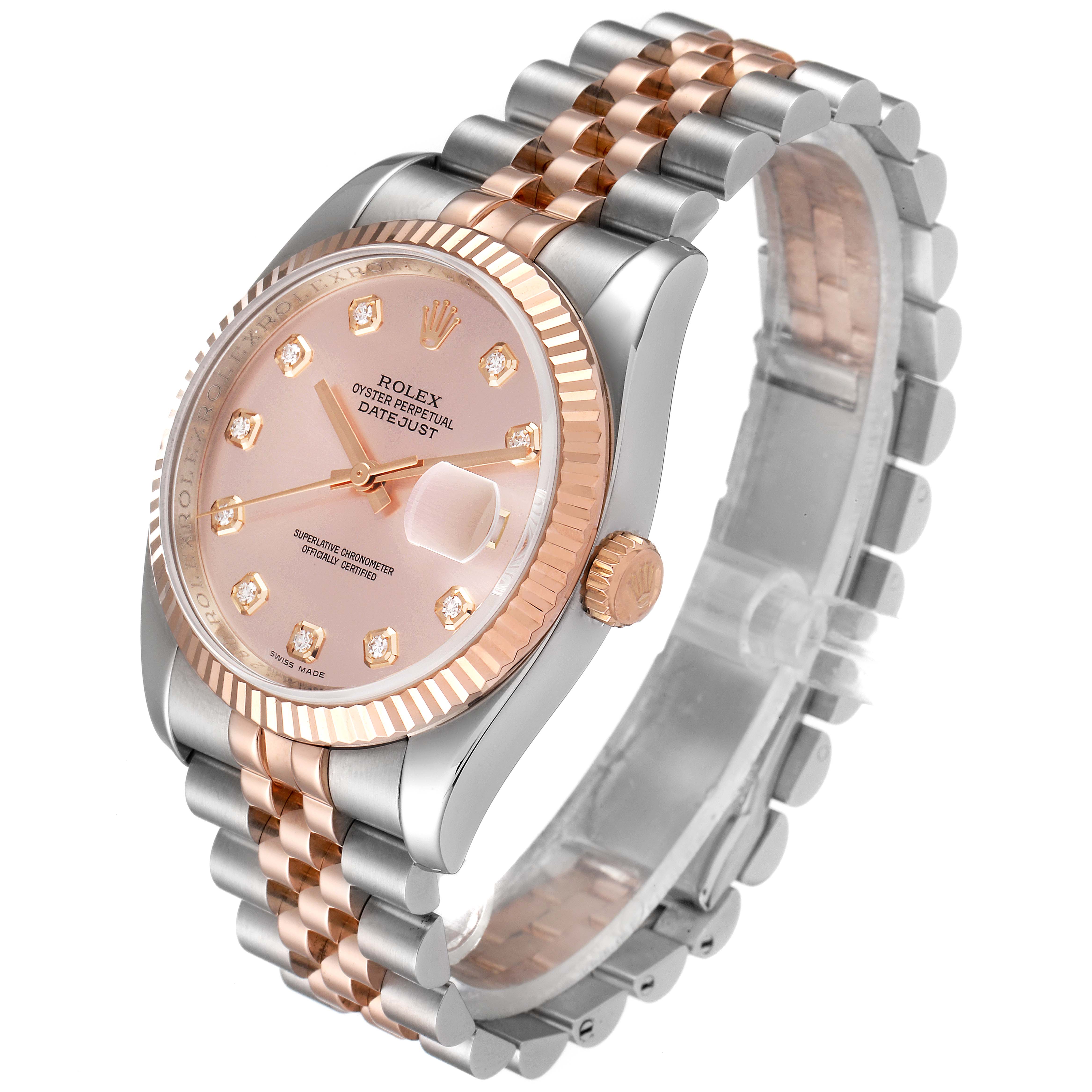 The Rolex Datejust 116231 Men's Steel and Gold (two tone) Pink Dial 116231 Men's Steel and Gold (two tone) Pink Dial watch is shown at an oblique angle, highlighting the face, bezel, crown, and bracelet.