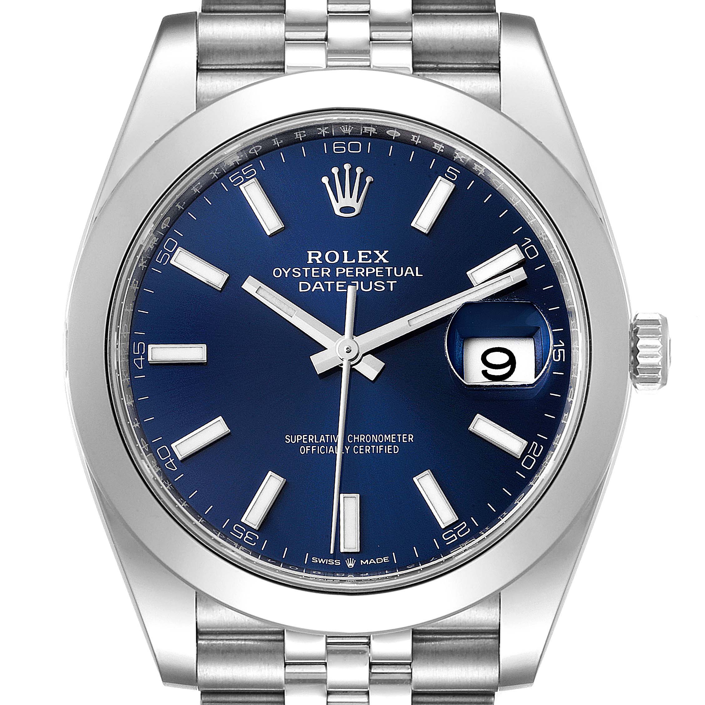 The image shows a front view of the Rolex Datejust 41 126300 Men's Stainless Steel Blue Dial 126300 Men's Stainless Steel Blue Dial watch, highlighting its blue dial, hour markers, and date display.