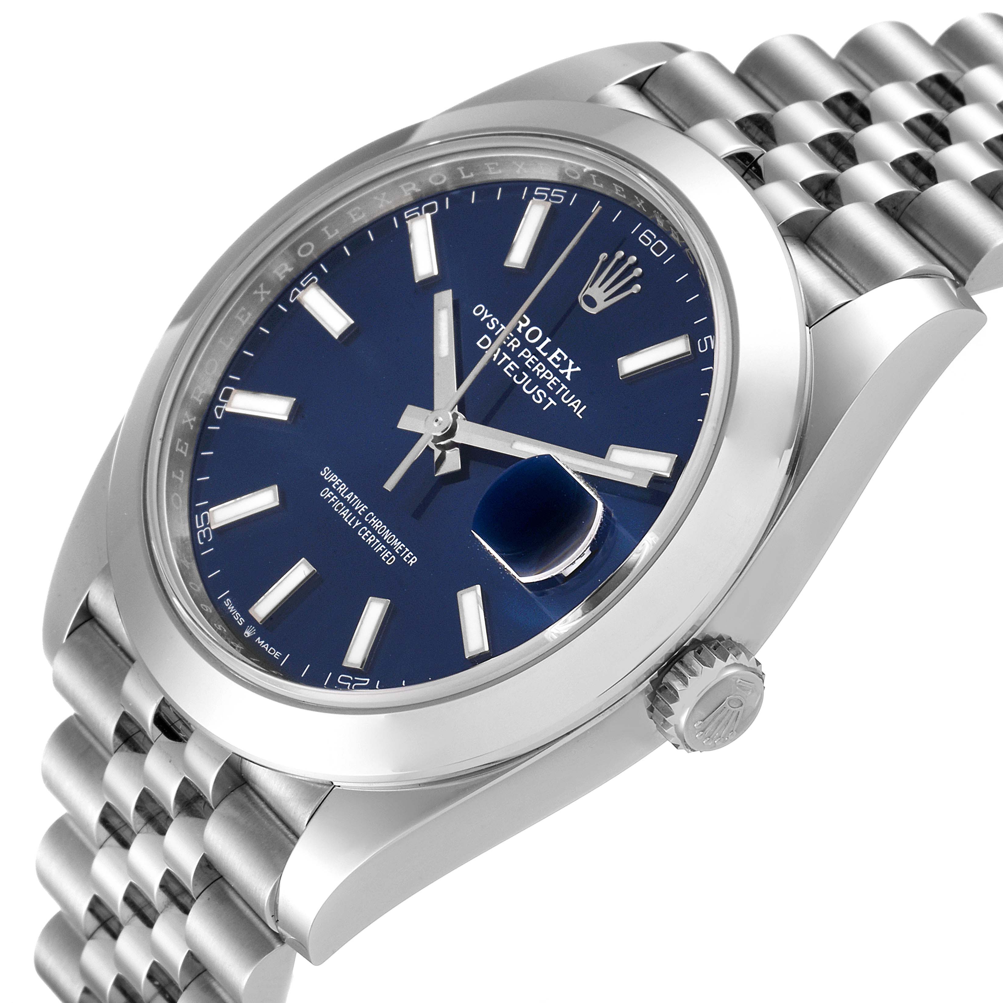 The Rolex Datejust 41 126300 Men's Stainless Steel Blue Dial 126300 Men's Stainless Steel Blue Dial is shown at an elevated angle, highlighting the blue dial, bezel, crown, and part of the bracelet.
