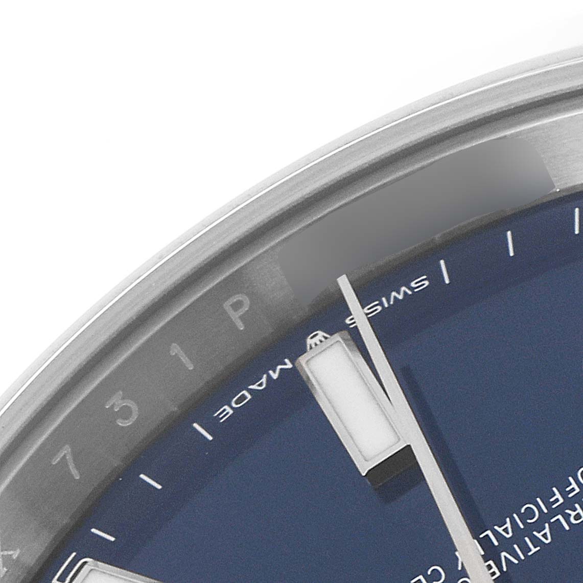 The image shows a close-up of the dial and partial bezel of a Rolex Datejust 41 126300 Men's Stainless Steel Blue Dial 126300 Men's Stainless Steel Blue Dial watch, highlighting the minute markers and "Swiss Made" text.