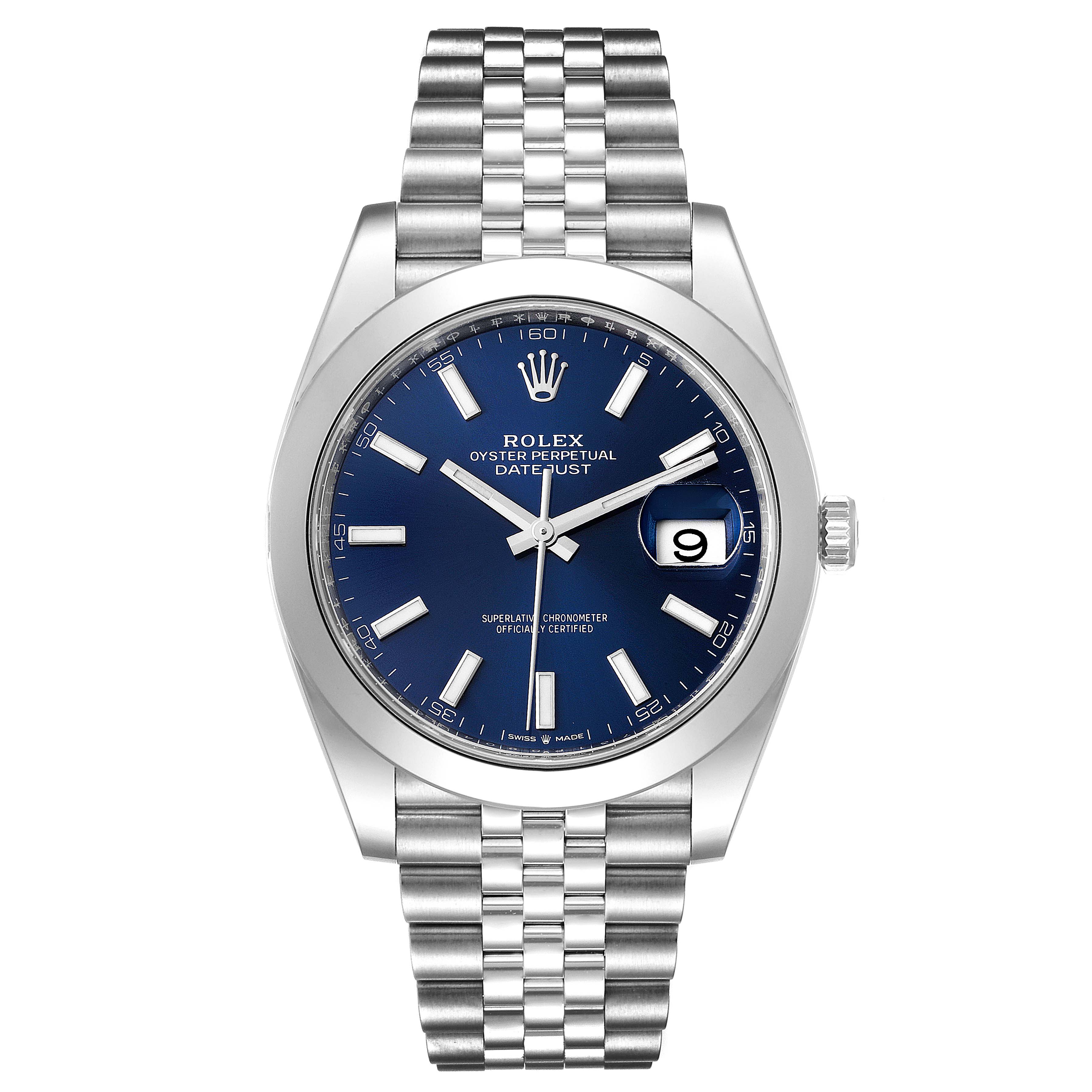 The image shows a front view of a Rolex Datejust 41 126300 Men's Stainless Steel Blue Dial 126300 Men's Stainless Steel Blue Dial watch, displaying the dial, hands, date window, and bracelet.