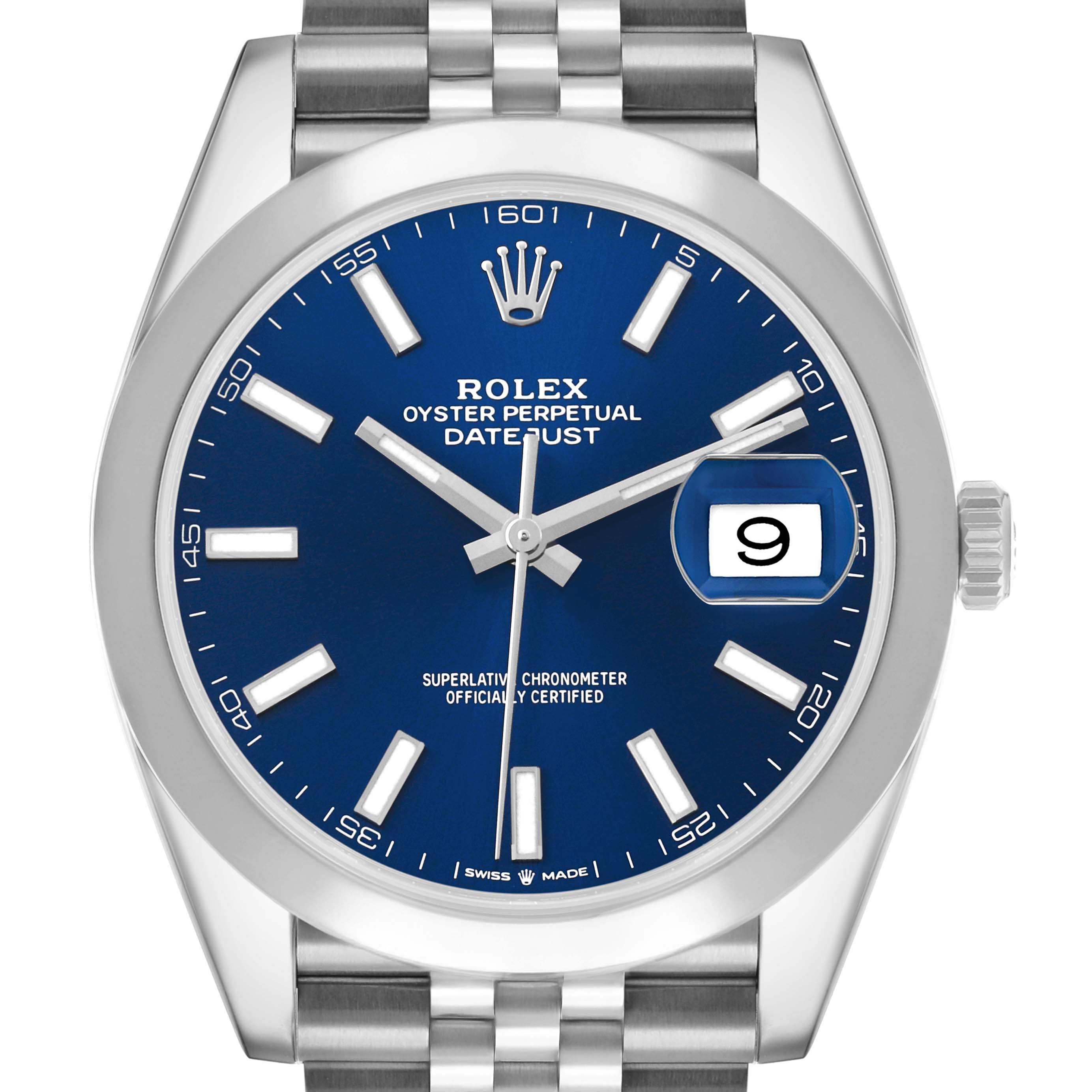 The Rolex Datejust 41 126300 Men
s Stainless Steel Blue Dial is shown from a front view, highlighting its blue dial, date window, and stainless steel bracelet.