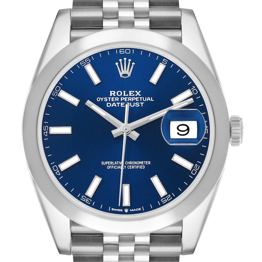 The Rolex Datejust 41 126300 Men's Stainless Steel Blue Dial is shown from a front view, highlighting its blue dial, date window, and stainless steel bracelet.