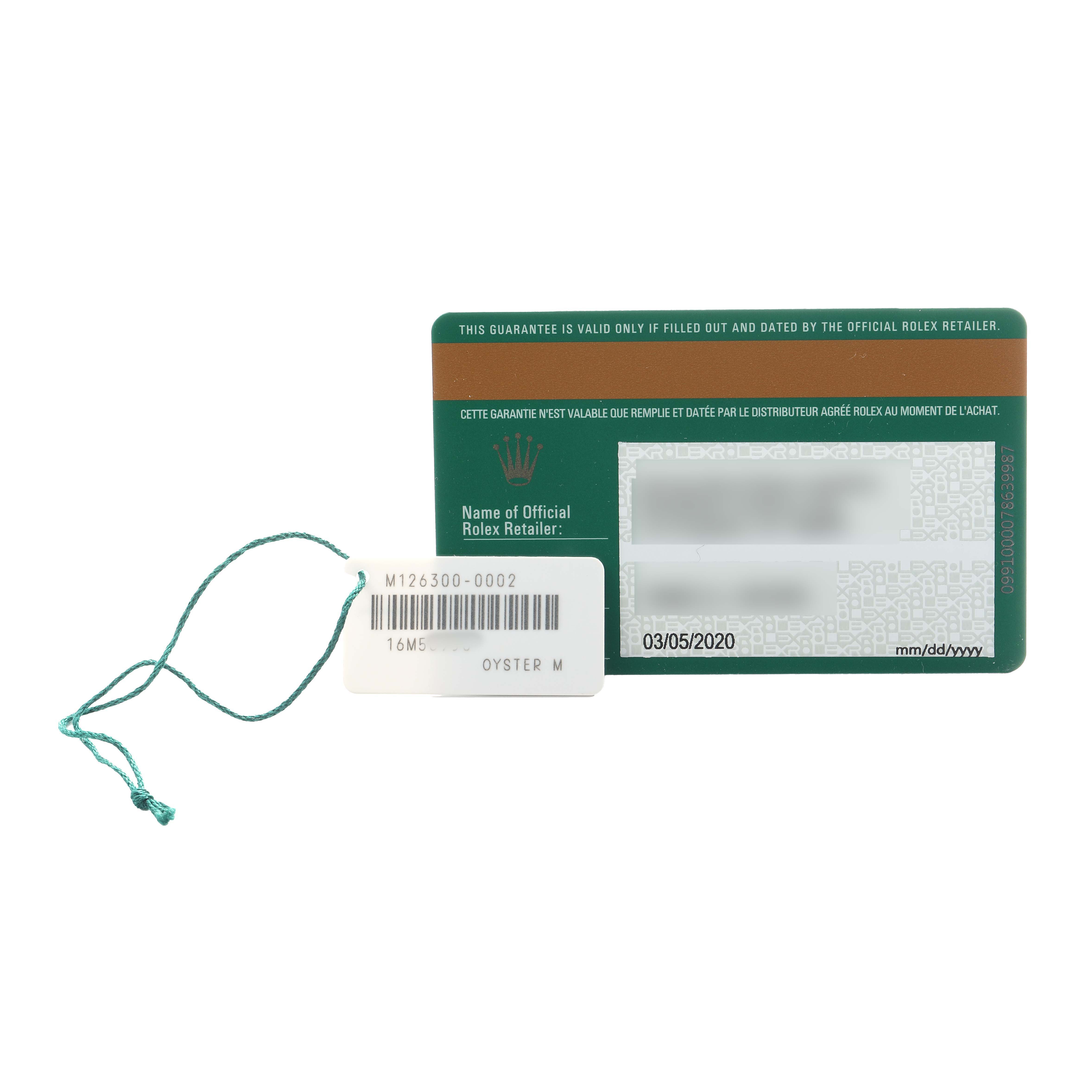 The image shows a warranty card and a tag for the Rolex Datejust 41 126300 Men
s Stainless Steel Blue Dial model, highlighting its official certification details.