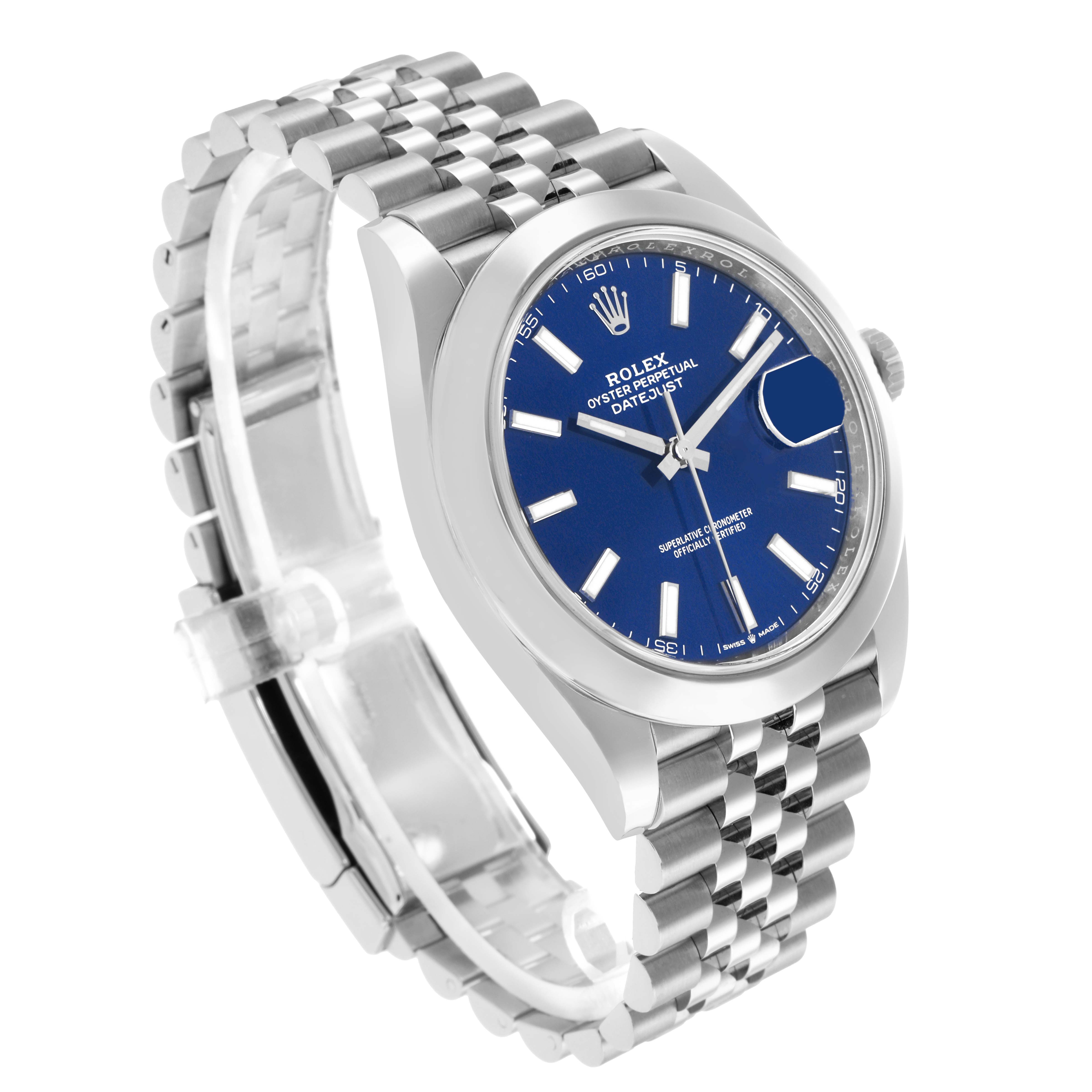 The Rolex Datejust 41 126300 Men
s Stainless Steel Blue Dial is shown at a three-quarter angle, highlighting the blue dial, fluted bezel, and Jubilee bracelet.