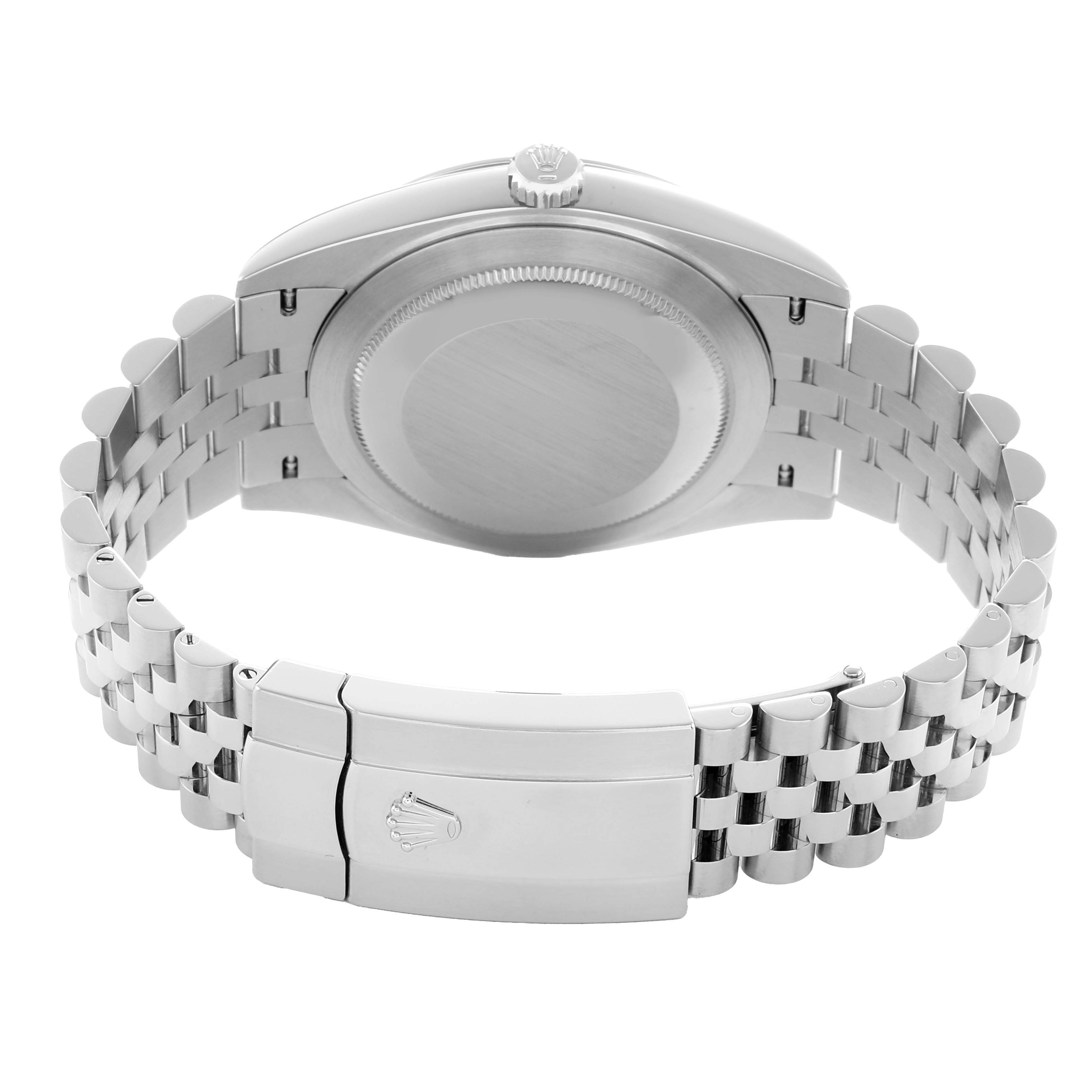 The image shows the back view of a Rolex Datejust 41 126300 Men
s Stainless Steel Blue Dial, highlighting the bracelet, clasp, and case back.