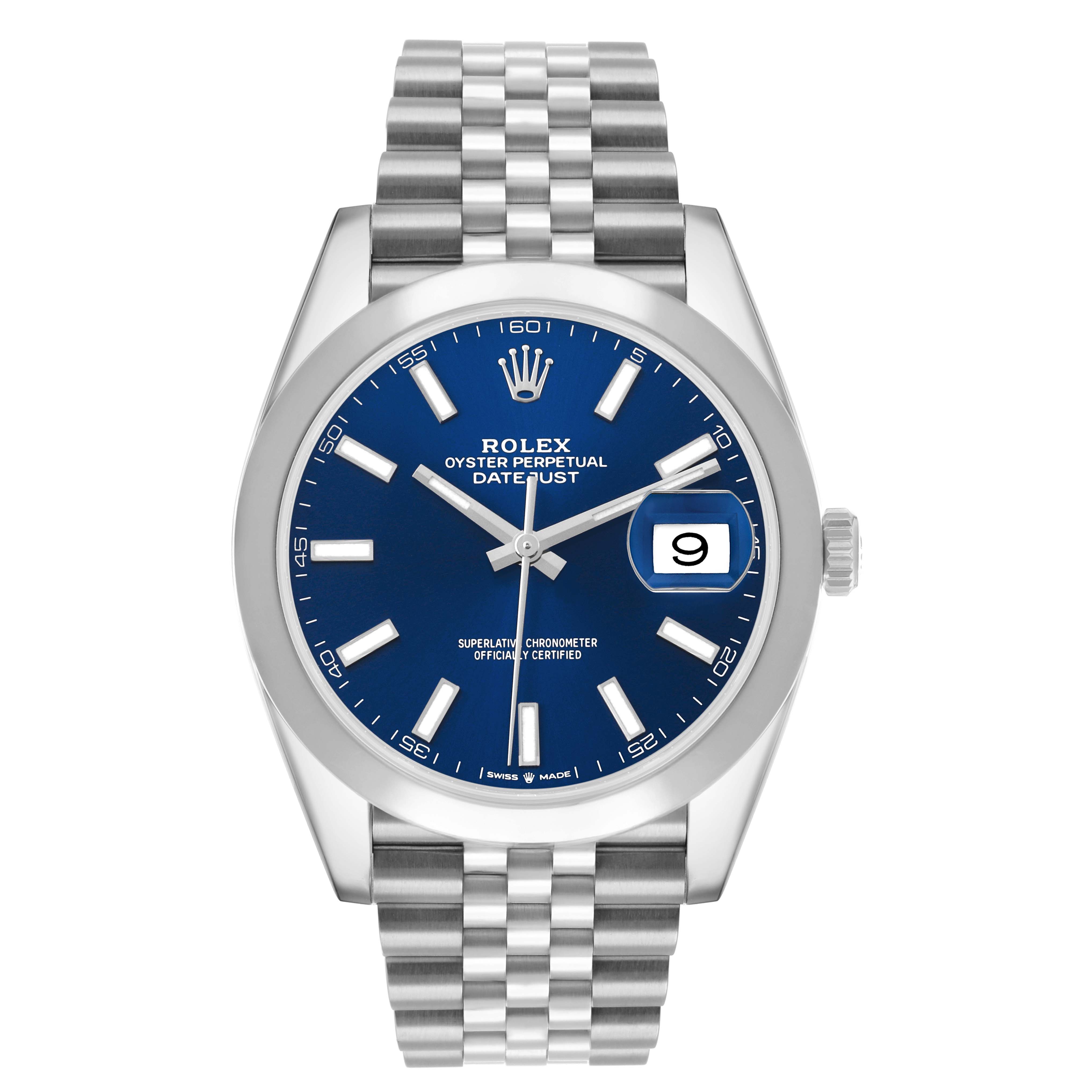 The image shows a Rolex Datejust 41 126300 Men
s Stainless Steel Blue Dial watch from a front angle, highlighting its blue dial, date window, and Jubilee bracelet.